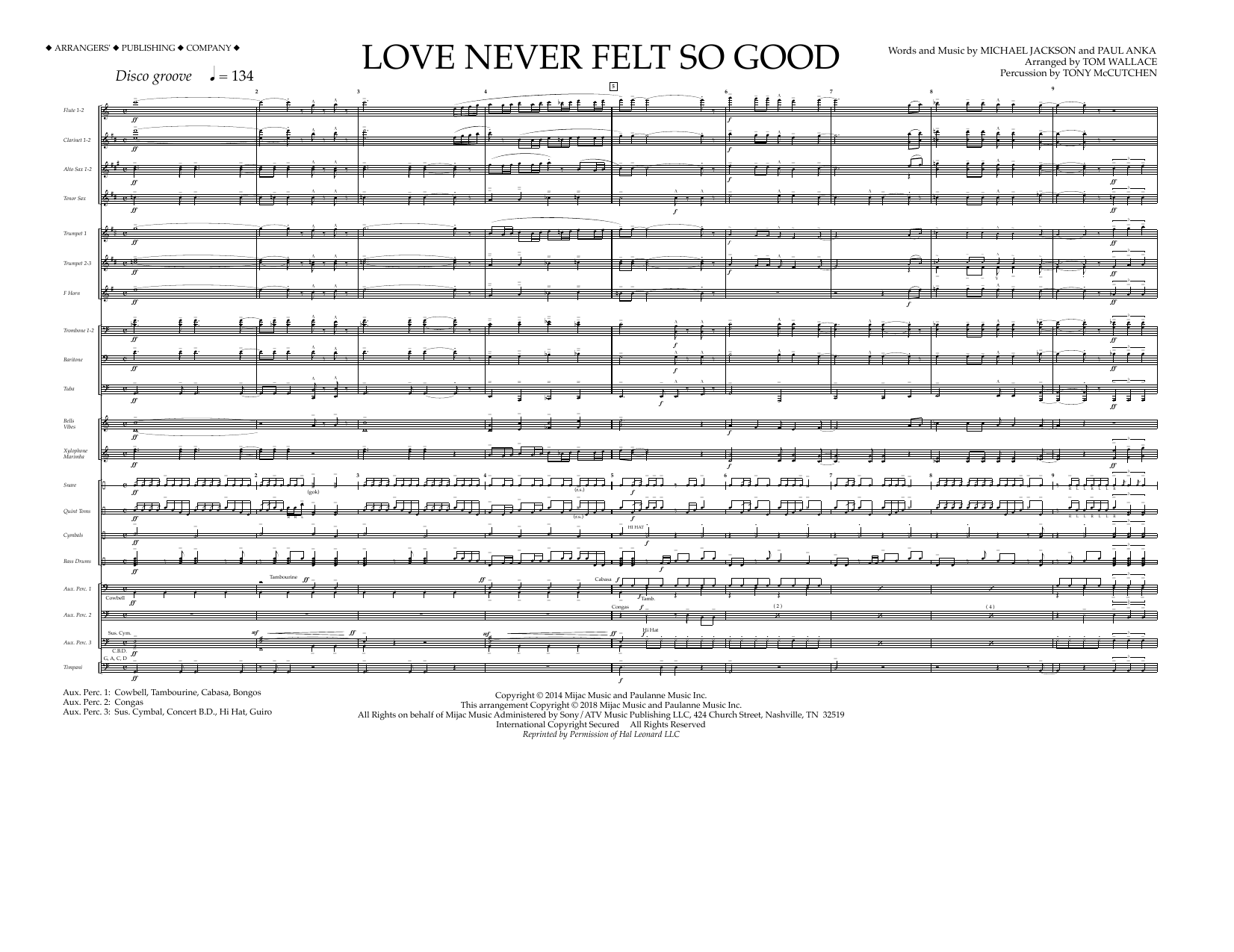 Tom Wallace Love Never Felt So Good - Full Score sheet music notes and chords arranged for Marching Band