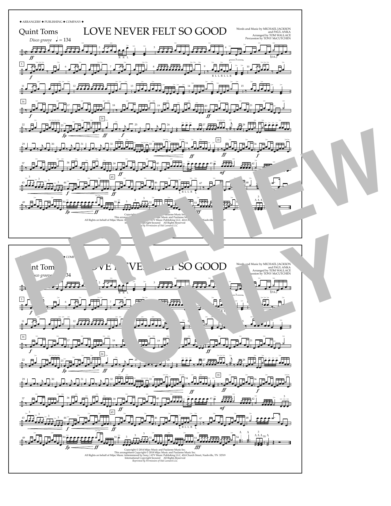 Tom Wallace Love Never Felt So Good - Quint-Toms sheet music notes and chords arranged for Marching Band