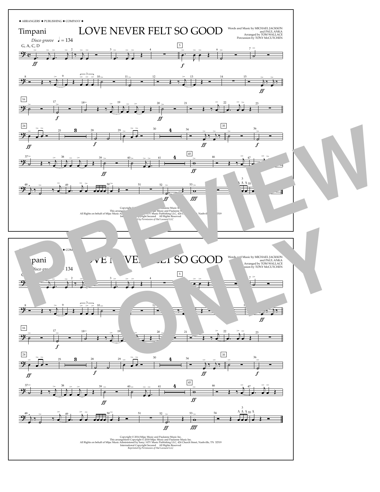 Tom Wallace Love Never Felt So Good - Timpani sheet music notes and chords arranged for Marching Band