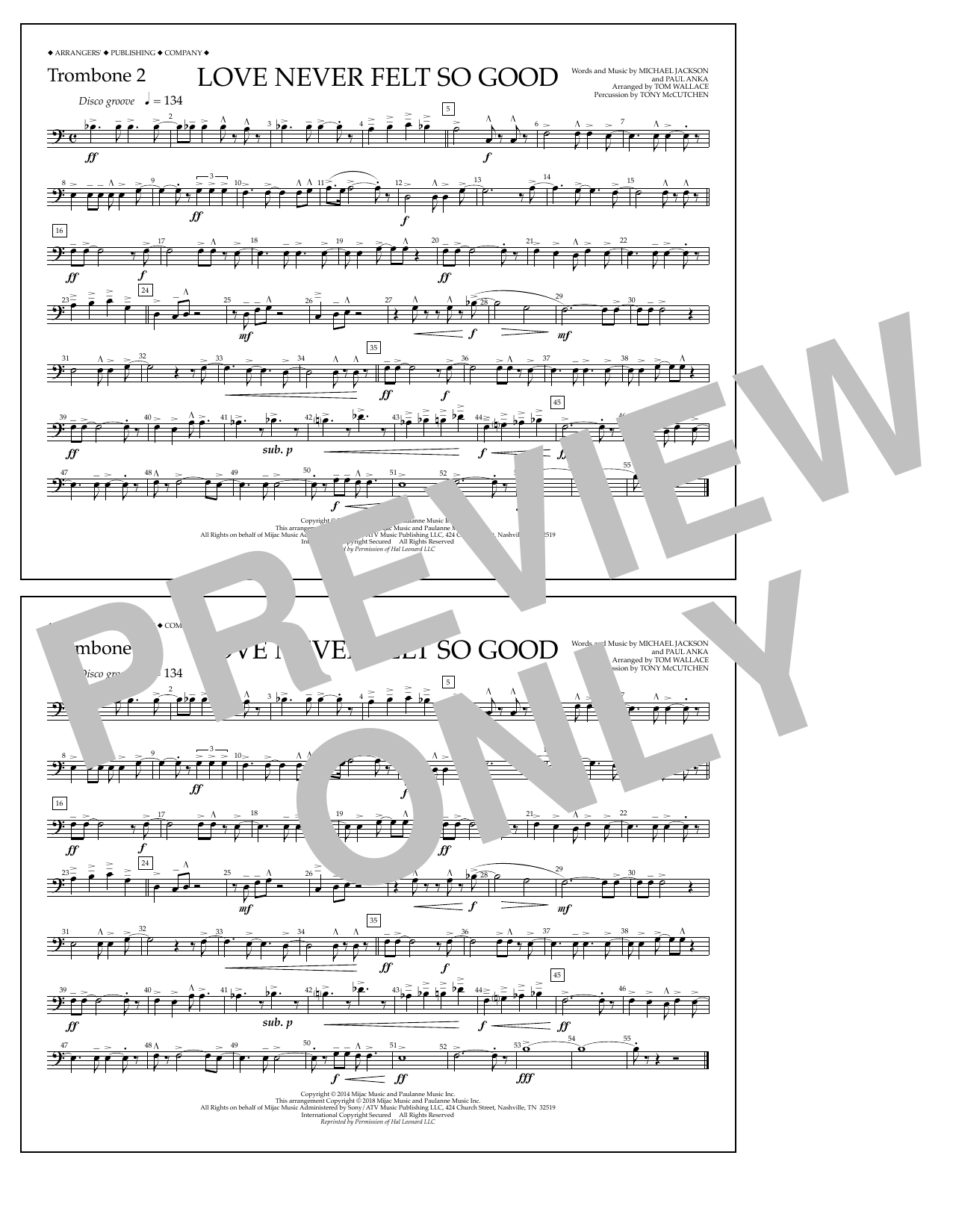 Tom Wallace Love Never Felt So Good - Trombone 2 sheet music notes and chords arranged for Marching Band