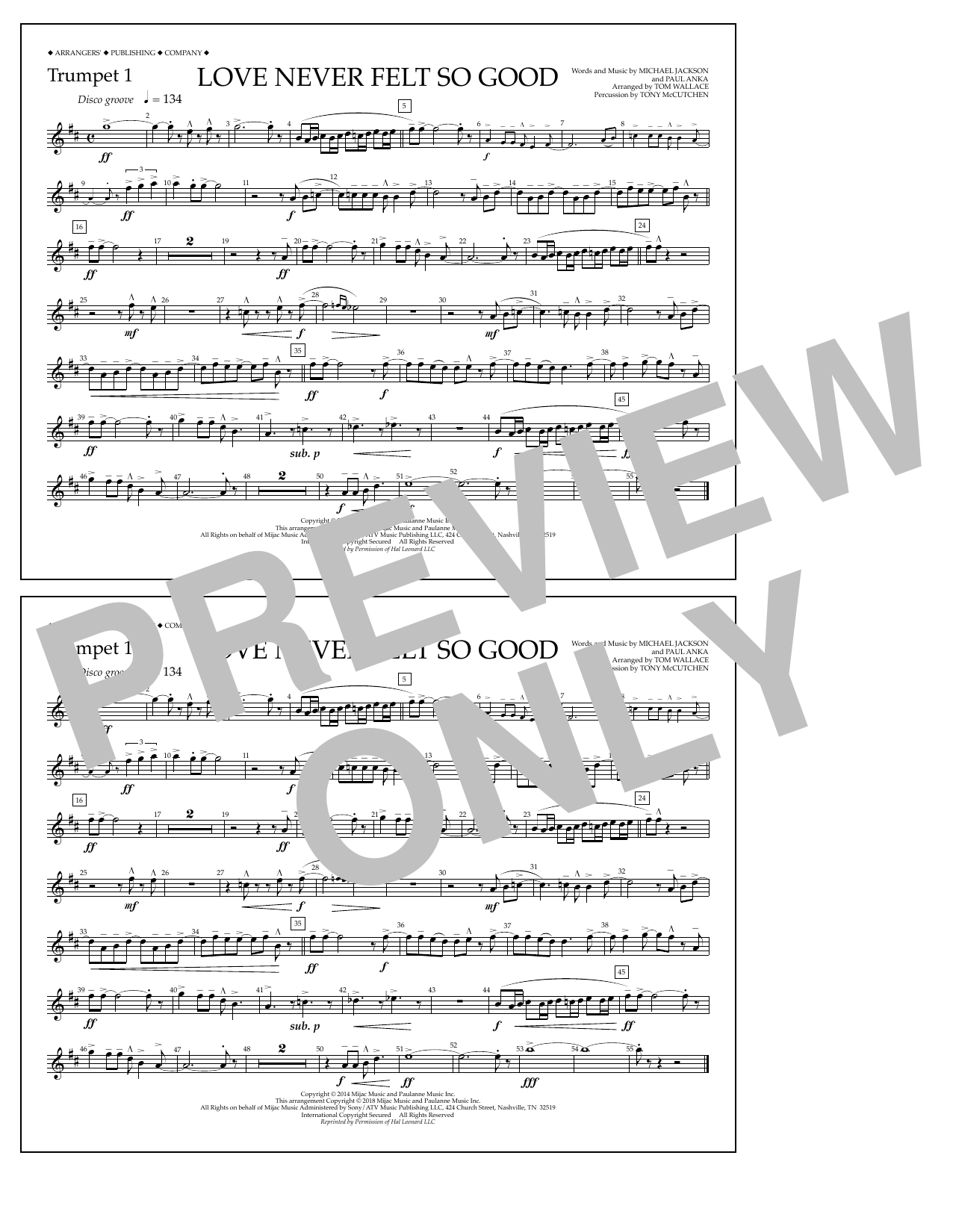 Tom Wallace Love Never Felt So Good - Trumpet 1 sheet music notes and chords arranged for Marching Band