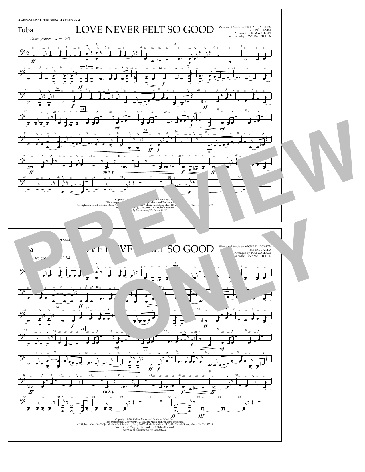 Tom Wallace Love Never Felt So Good - Tuba sheet music notes and chords arranged for Marching Band