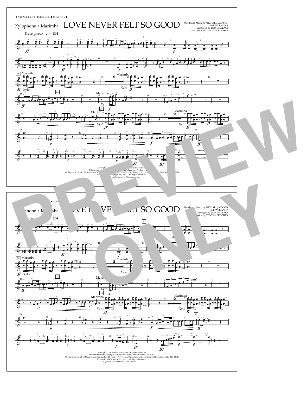 Tom Wallace Love Never Felt So Good - Xylophone/Marimba sheet music notes and chords arranged for Marching Band