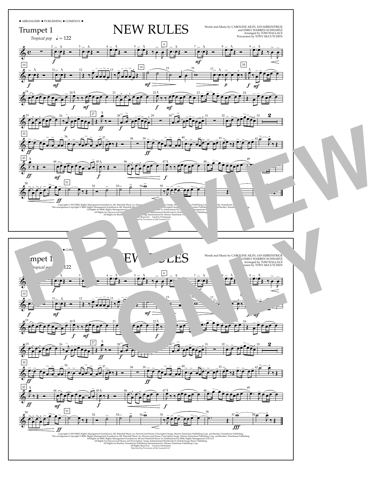 Tom Wallace New Rules - Trumpet 1 sheet music notes and chords arranged for Marching Band