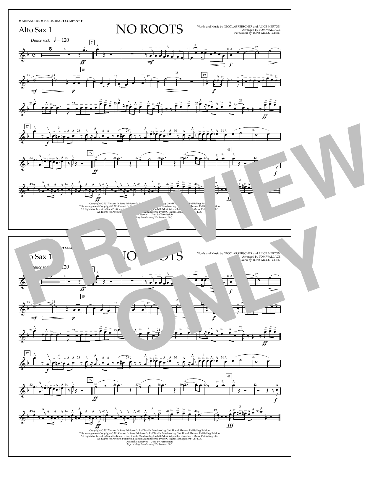 Tom Wallace No Roots - Alto Sax 1 sheet music notes and chords arranged for Marching Band