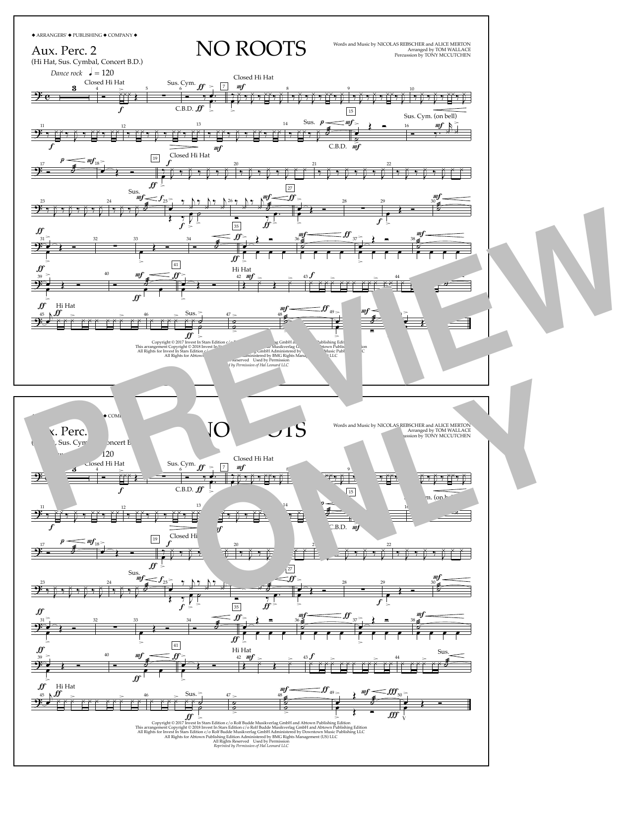 Tom Wallace No Roots - Aux. Perc. 2 sheet music notes and chords arranged for Marching Band