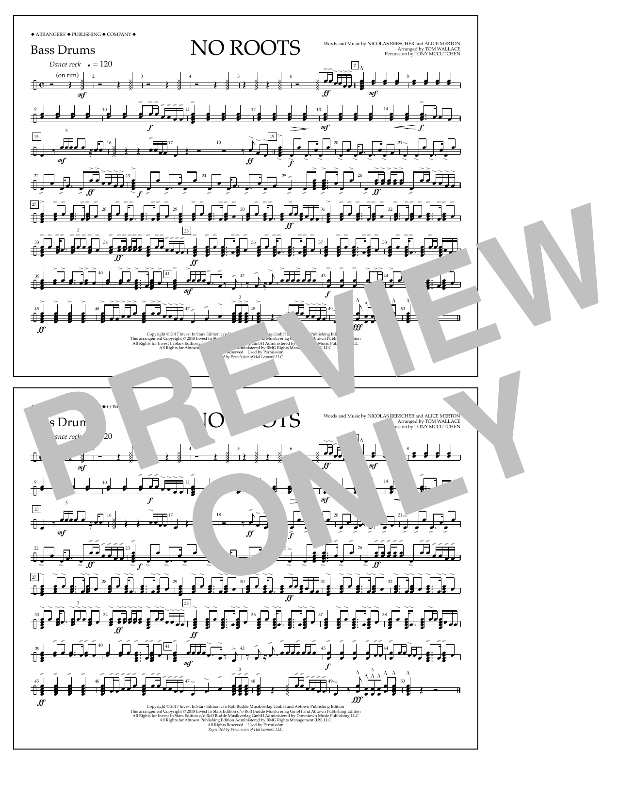 Tom Wallace No Roots - Bass Drums sheet music notes and chords arranged for Marching Band