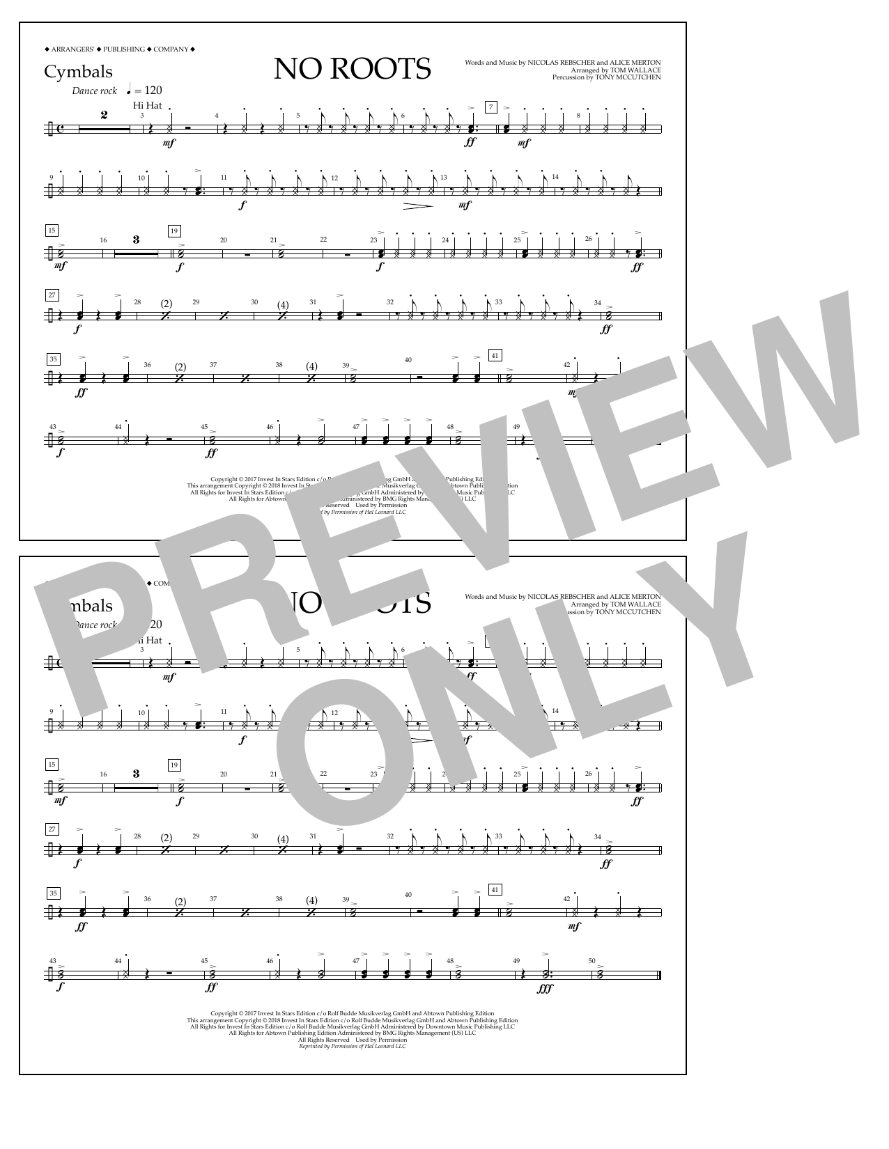 Tom Wallace No Roots - Cymbals sheet music notes and chords arranged for Marching Band