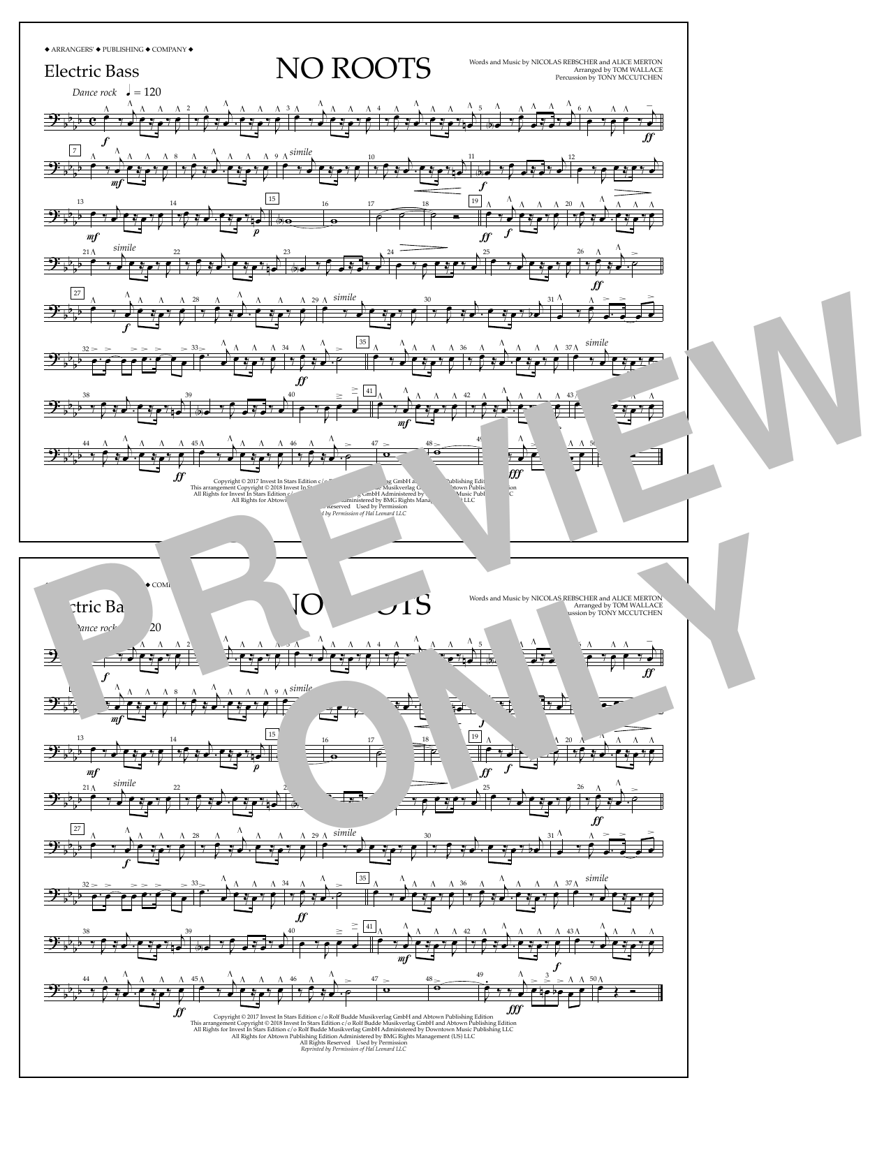 Tom Wallace No Roots - Electric Bass sheet music notes and chords arranged for Marching Band