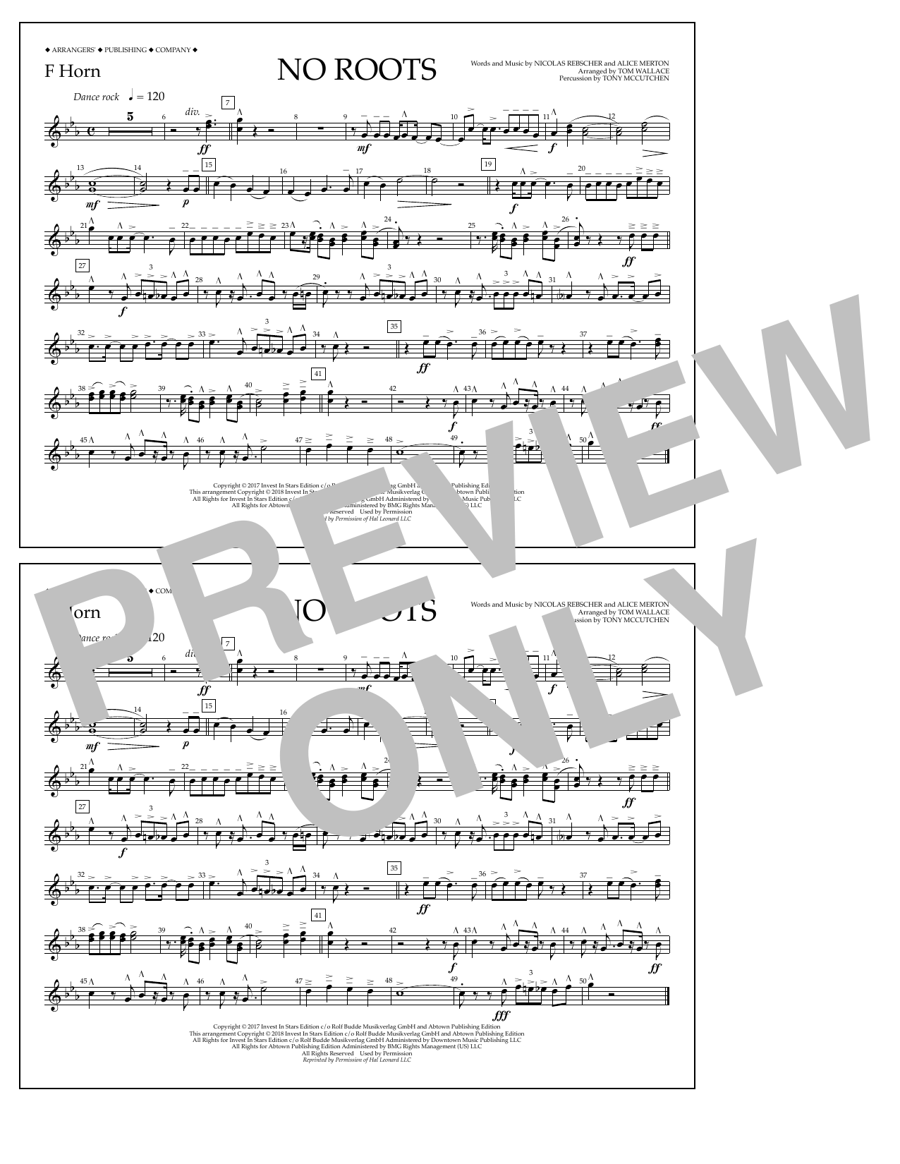 Tom Wallace No Roots - F Horn sheet music notes and chords arranged for Marching Band