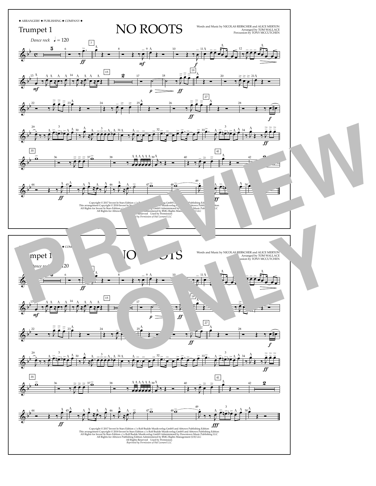 Tom Wallace No Roots - Trumpet 1 sheet music notes and chords arranged for Marching Band