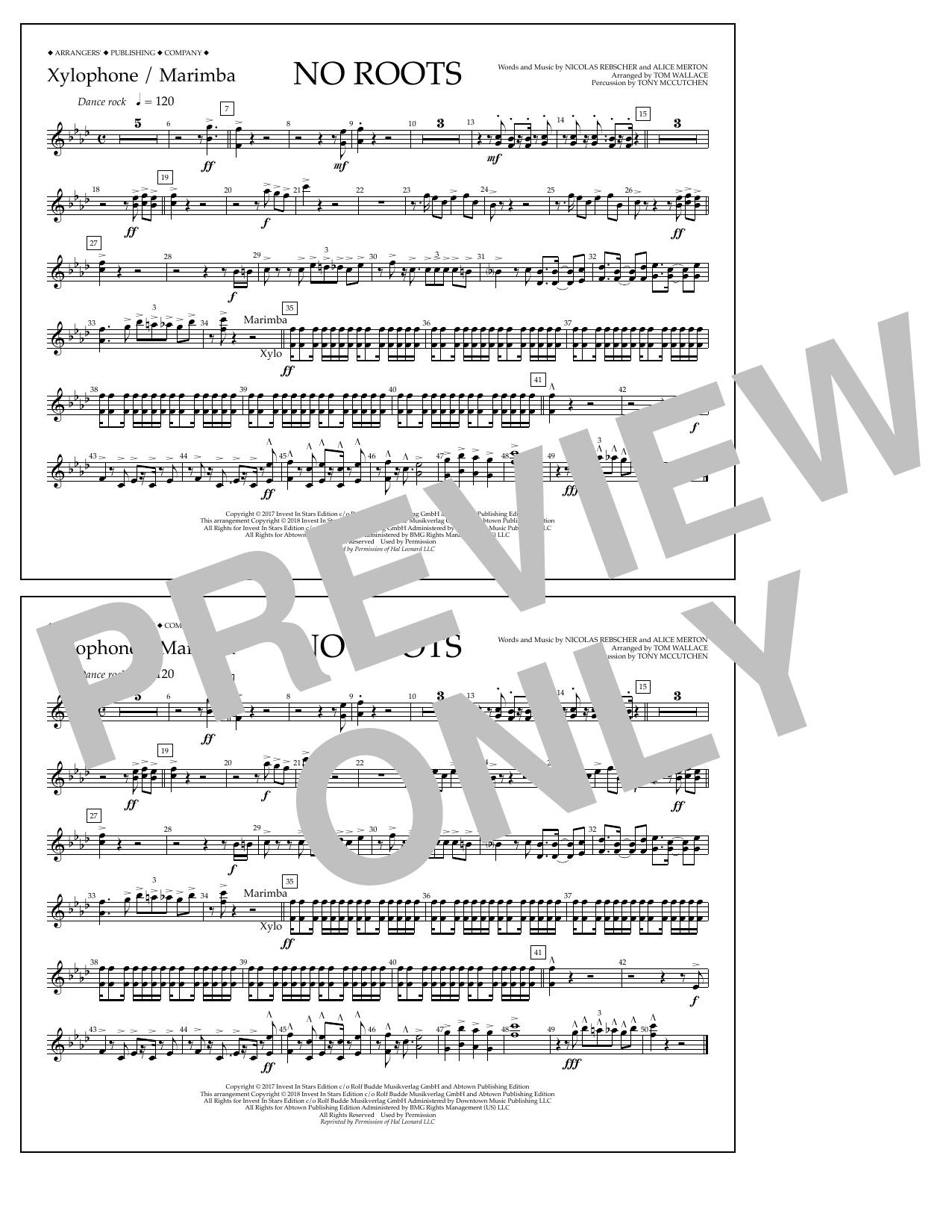 Tom Wallace No Roots - Xylophone/Marimba sheet music notes and chords arranged for Marching Band