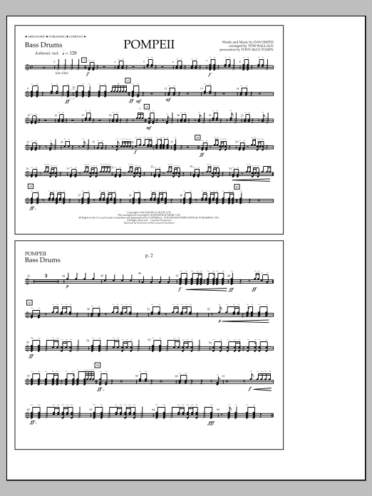 Tom Wallace Pompeii - Bass Drums sheet music notes and chords arranged for Marching Band