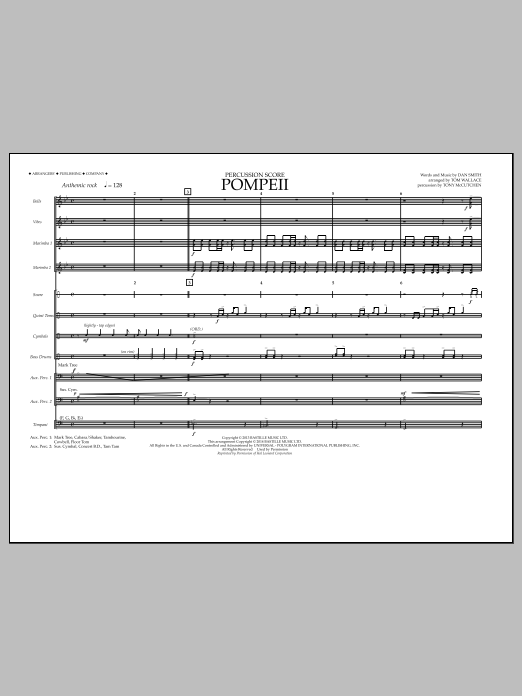 Tom Wallace Pompeii - Percussion Score sheet music notes and chords arranged for Marching Band