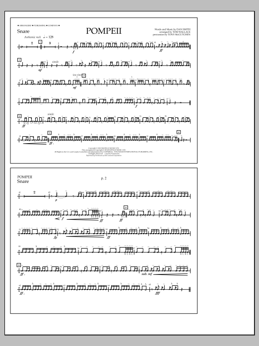 Tom Wallace Pompeii - Snare sheet music notes and chords arranged for Marching Band