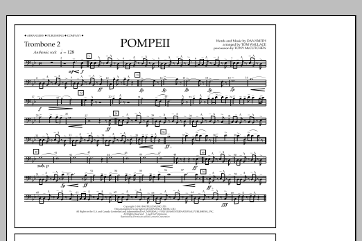 Tom Wallace Pompeii - Trombone 2 sheet music notes and chords arranged for Marching Band
