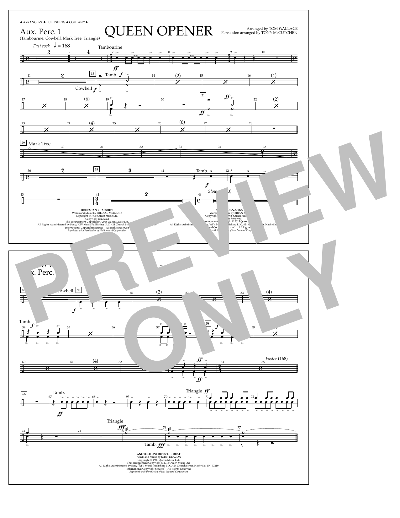 Tom Wallace Queen Opener - Aux. Perc. 1 sheet music notes and chords arranged for Marching Band