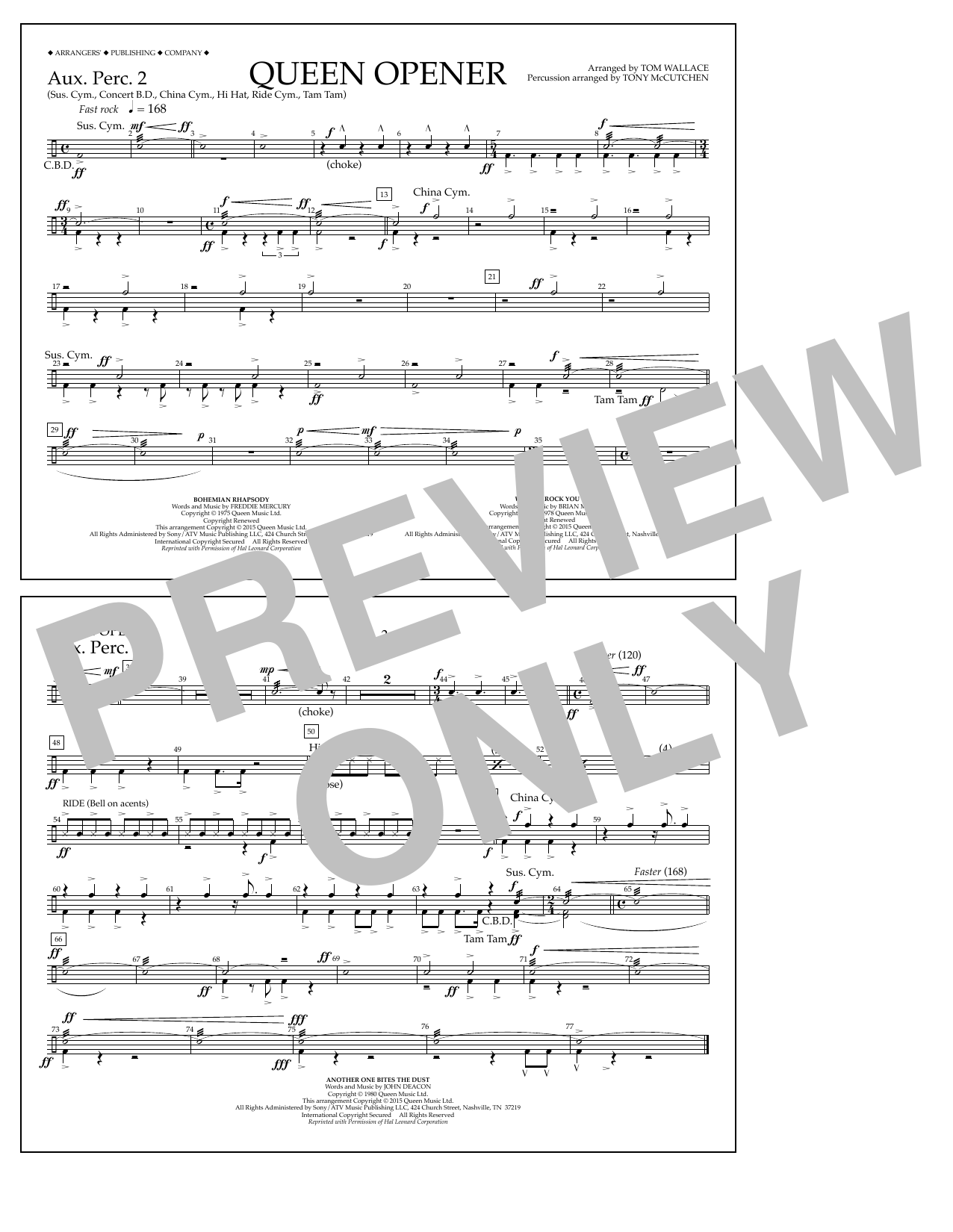 Tom Wallace Queen Opener - Aux. Perc. 2 sheet music notes and chords arranged for Marching Band