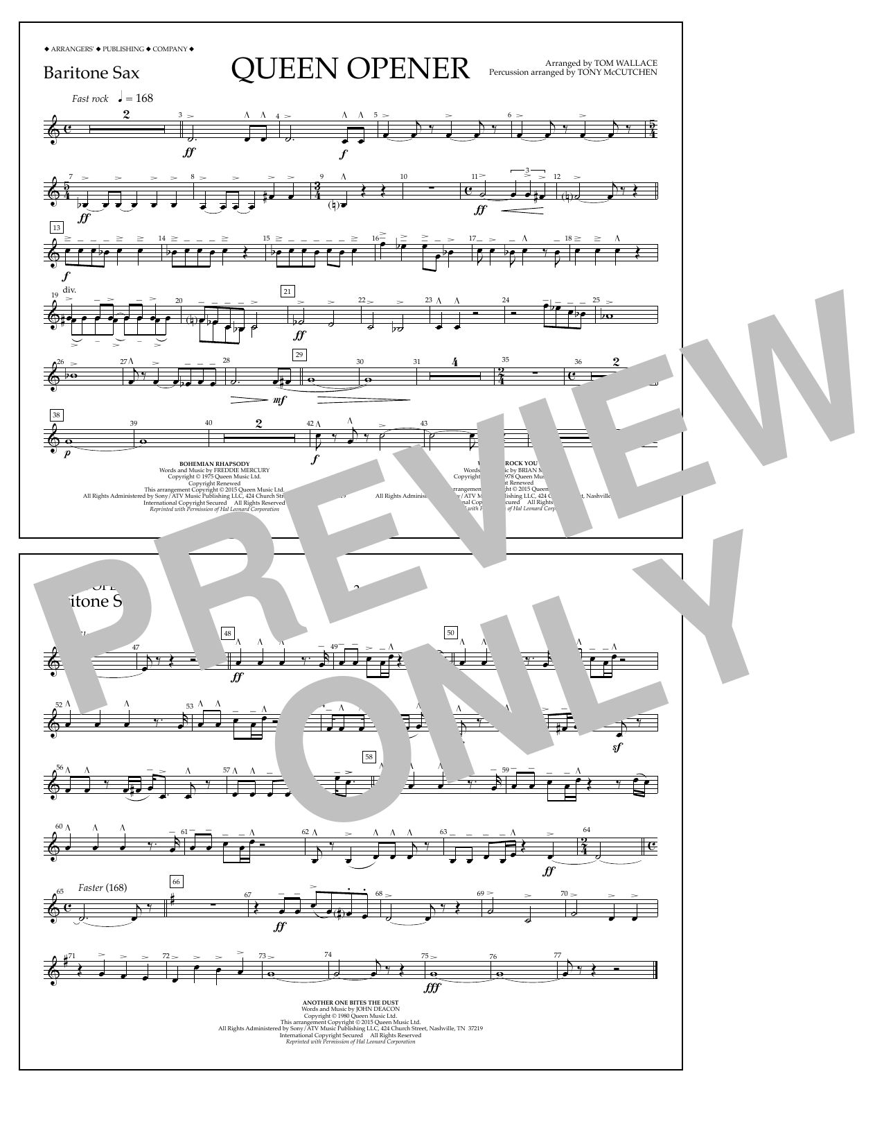 Tom Wallace Queen Opener - Baritone Sax sheet music notes and chords arranged for Marching Band