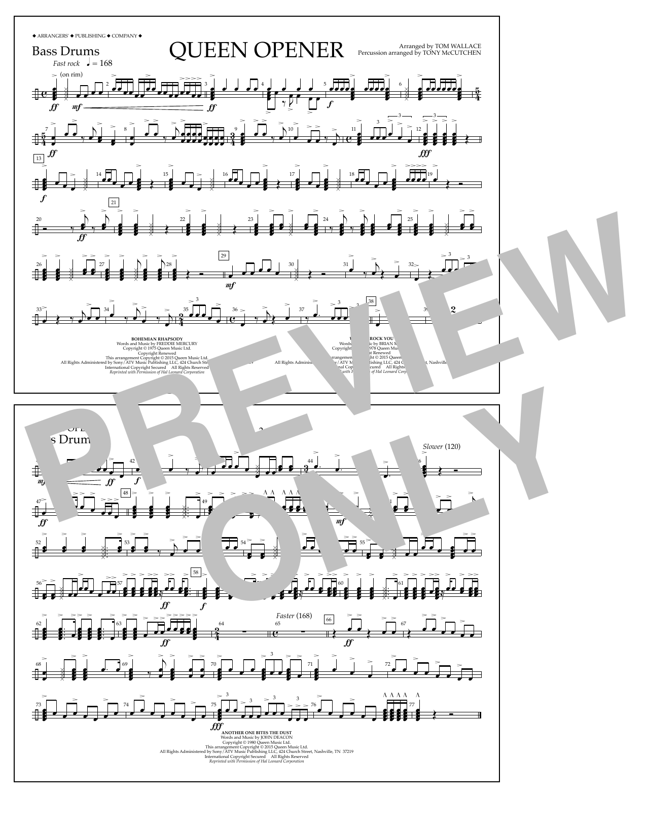 Tom Wallace Queen Opener - Bass Drums sheet music notes and chords arranged for Marching Band