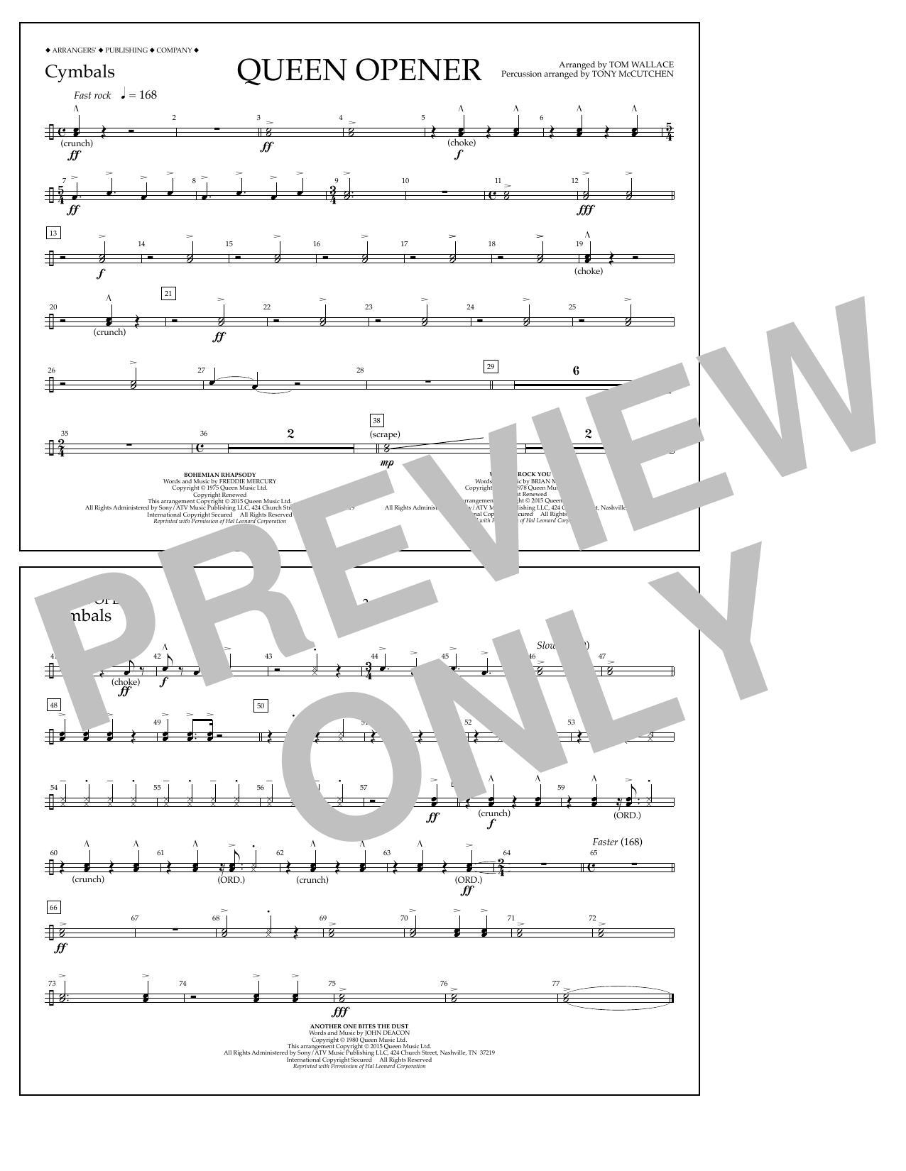 Tom Wallace Queen Opener - Cymbals sheet music notes and chords arranged for Marching Band