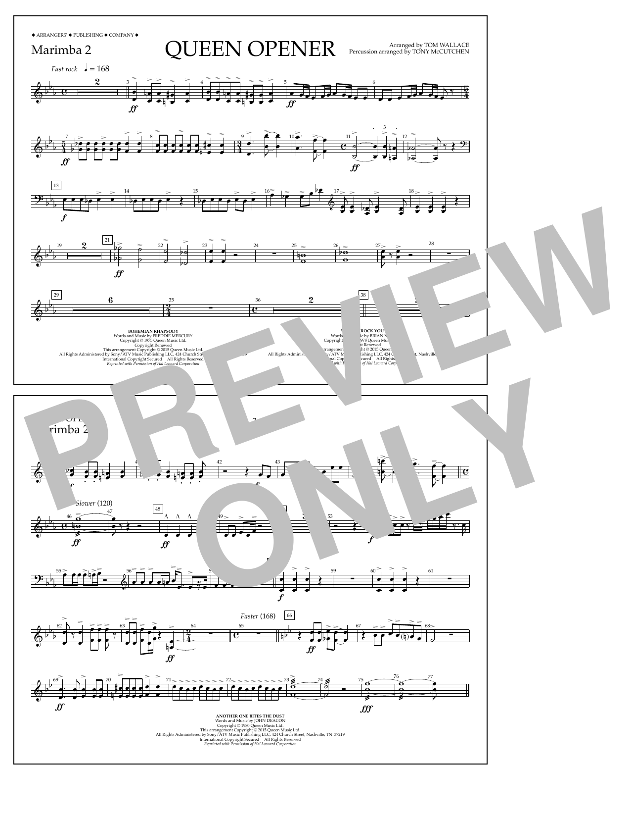 Tom Wallace Queen Opener - Marimba 2 sheet music notes and chords arranged for Marching Band