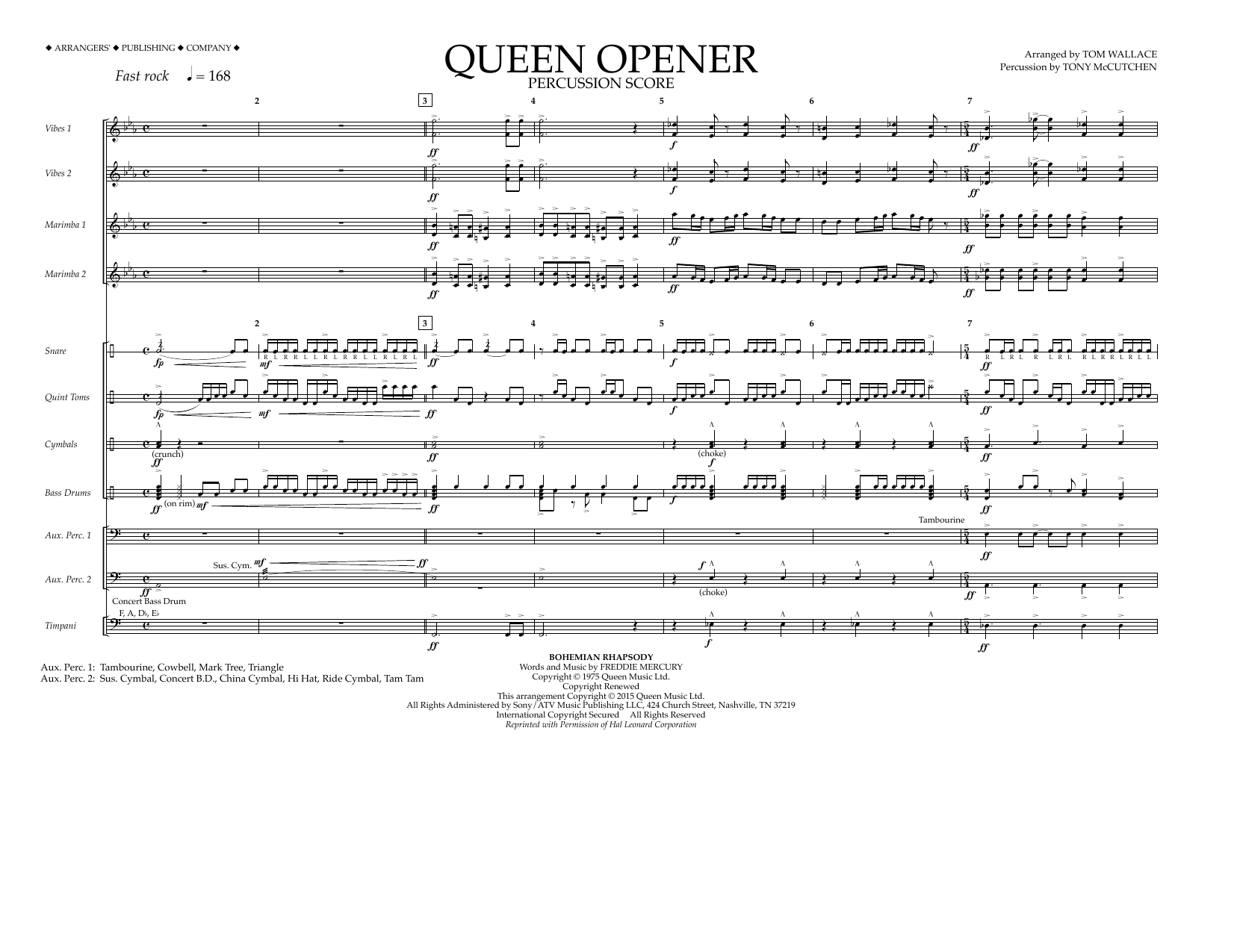 Tom Wallace Queen Opener - Percussion Score sheet music notes and chords arranged for Marching Band