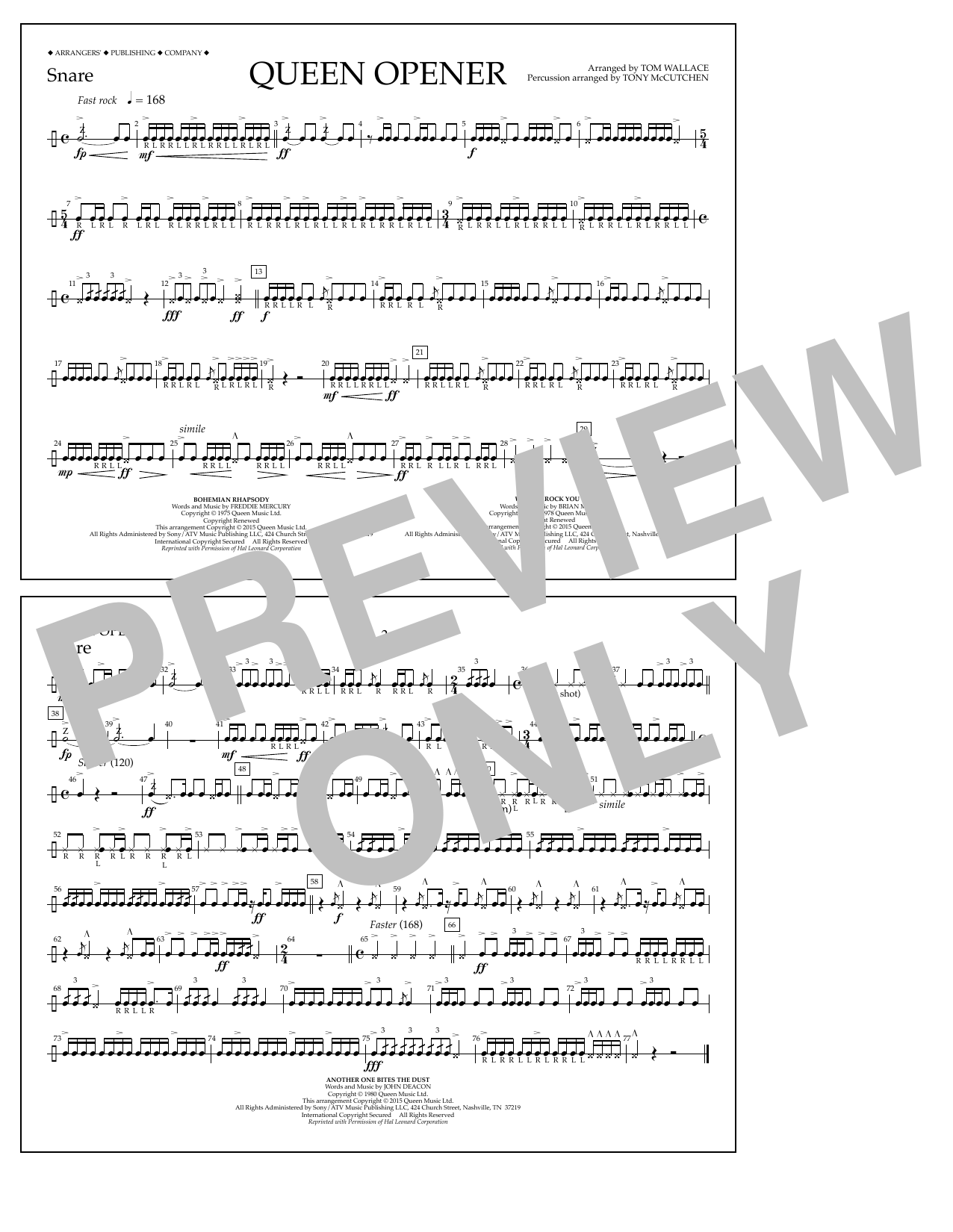 Tom Wallace Queen Opener - Snare sheet music notes and chords arranged for Marching Band