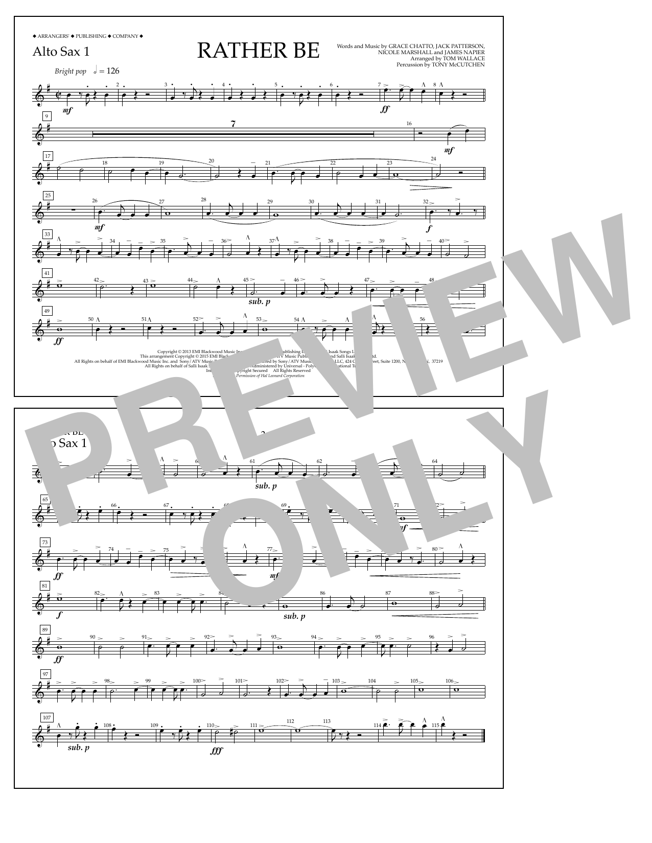 Tom Wallace Rather Be - Alto Sax 1 sheet music notes and chords arranged for Marching Band