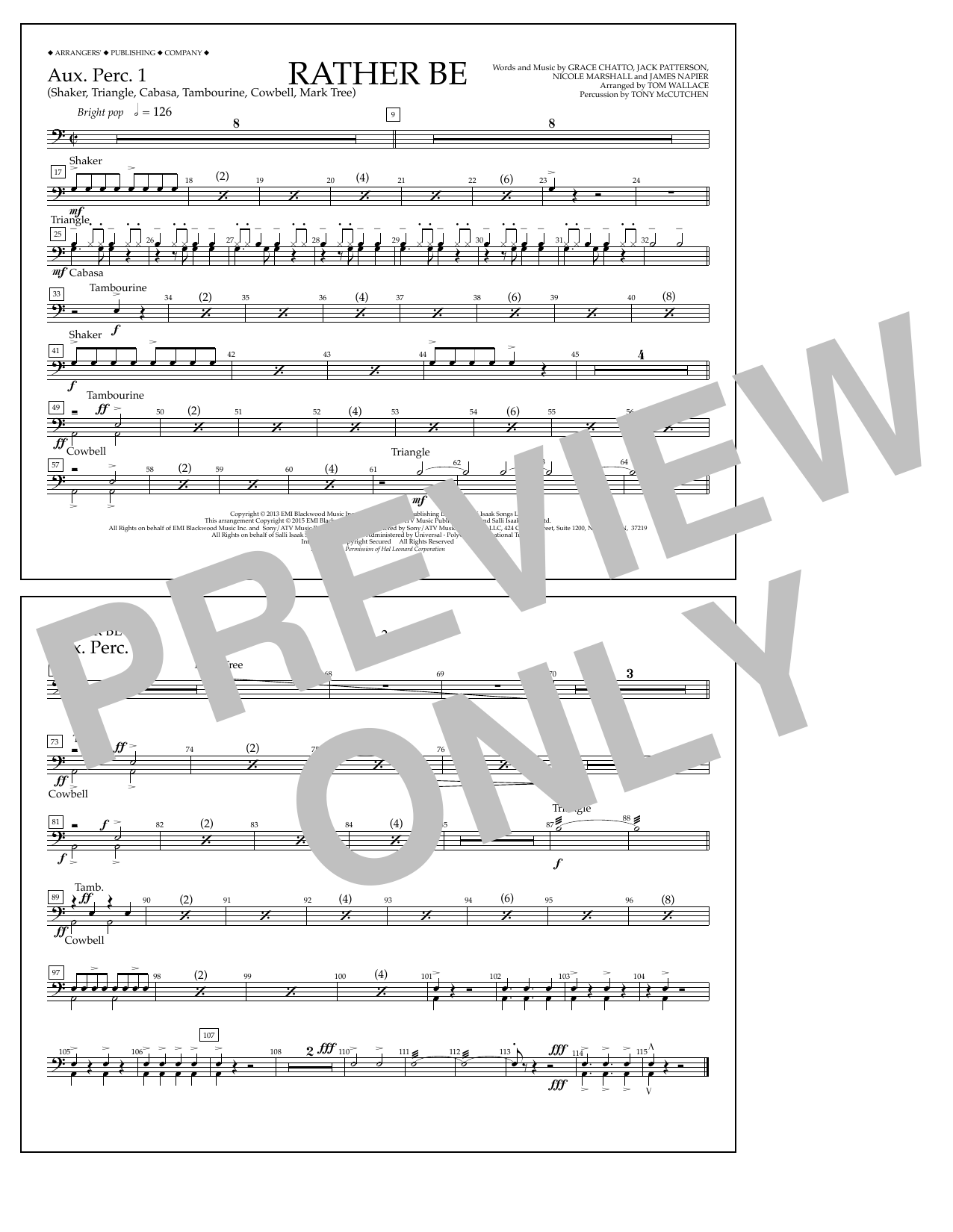Tom Wallace Rather Be - Aux. Perc. 1 sheet music notes and chords arranged for Marching Band
