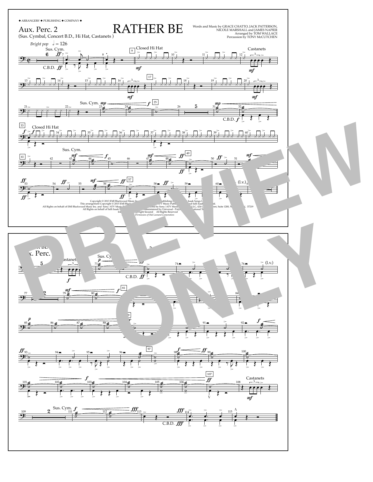 Tom Wallace Rather Be - Aux. Perc. 2 sheet music notes and chords arranged for Marching Band