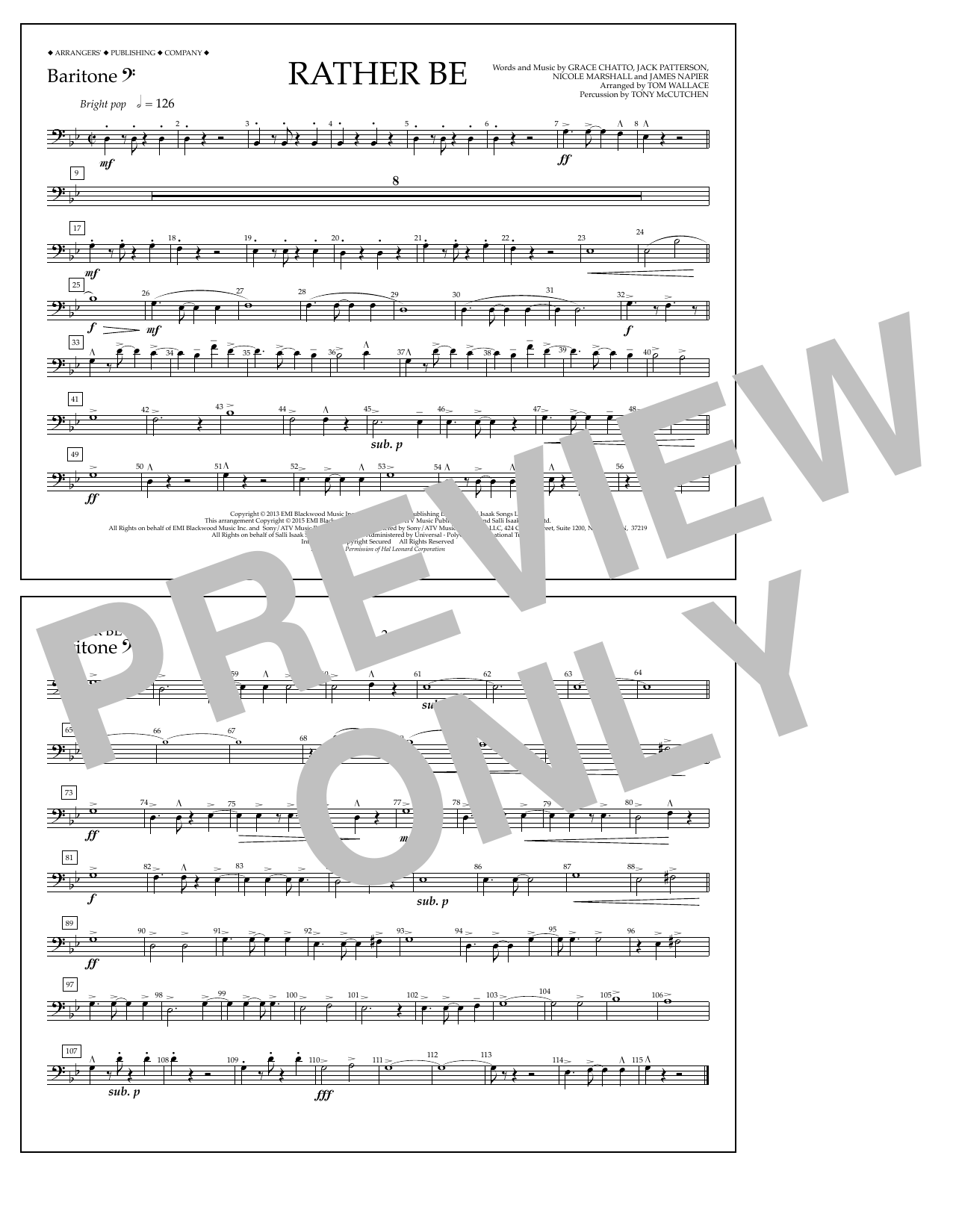 Tom Wallace Rather Be - Baritone B.C. sheet music notes and chords arranged for Marching Band