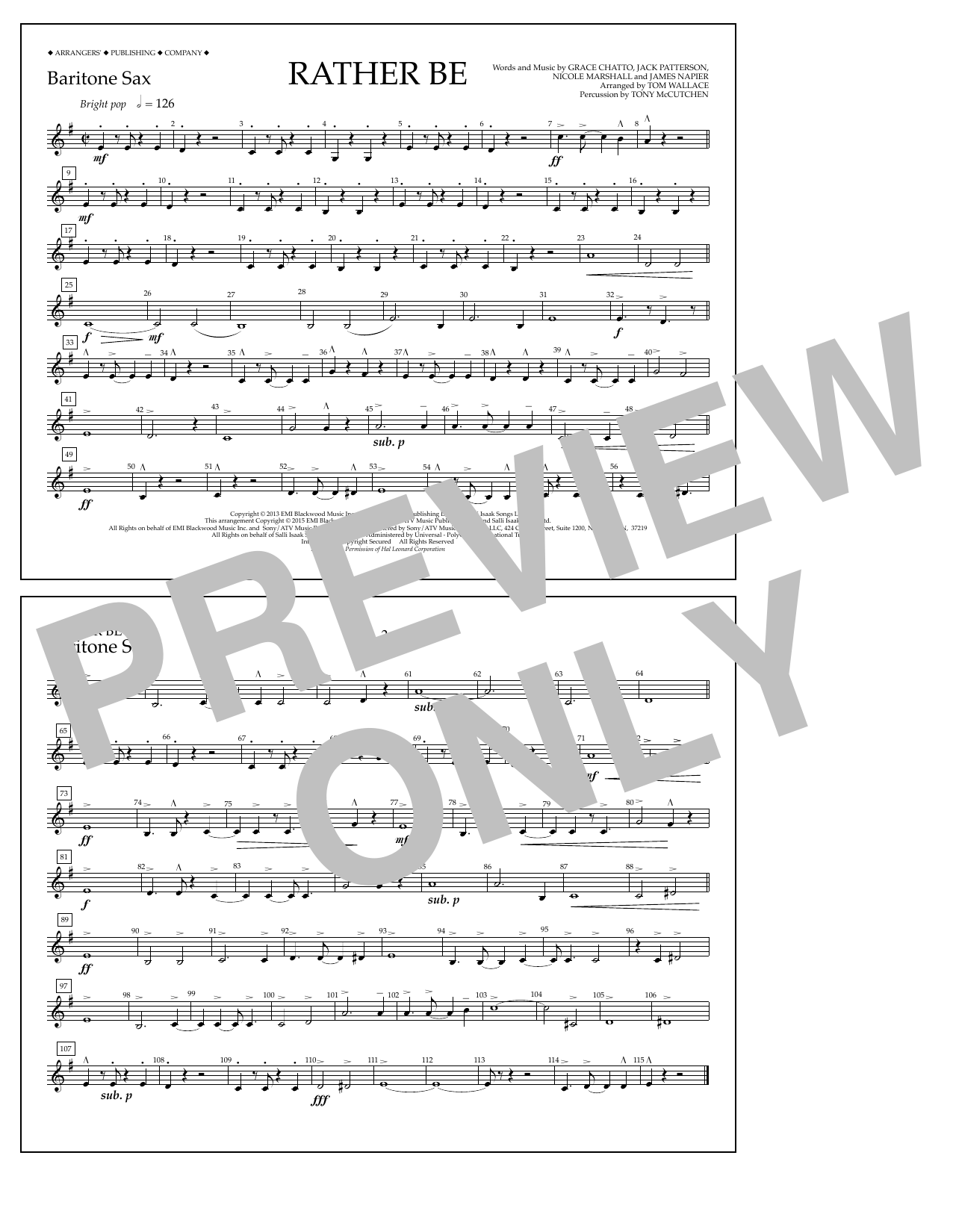 Tom Wallace Rather Be - Baritone Sax sheet music notes and chords arranged for Marching Band