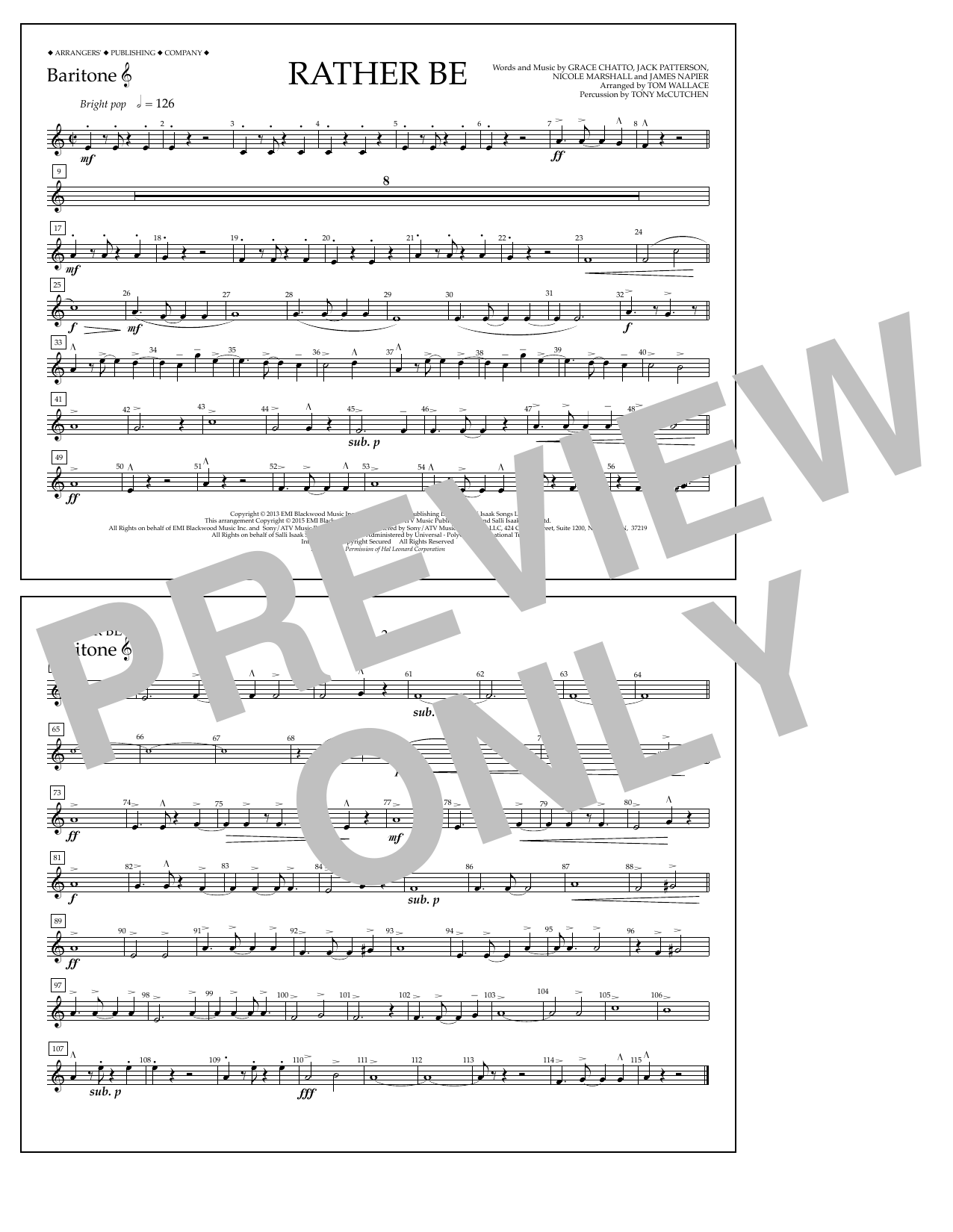 Tom Wallace Rather Be - Baritone T.C. sheet music notes and chords arranged for Marching Band