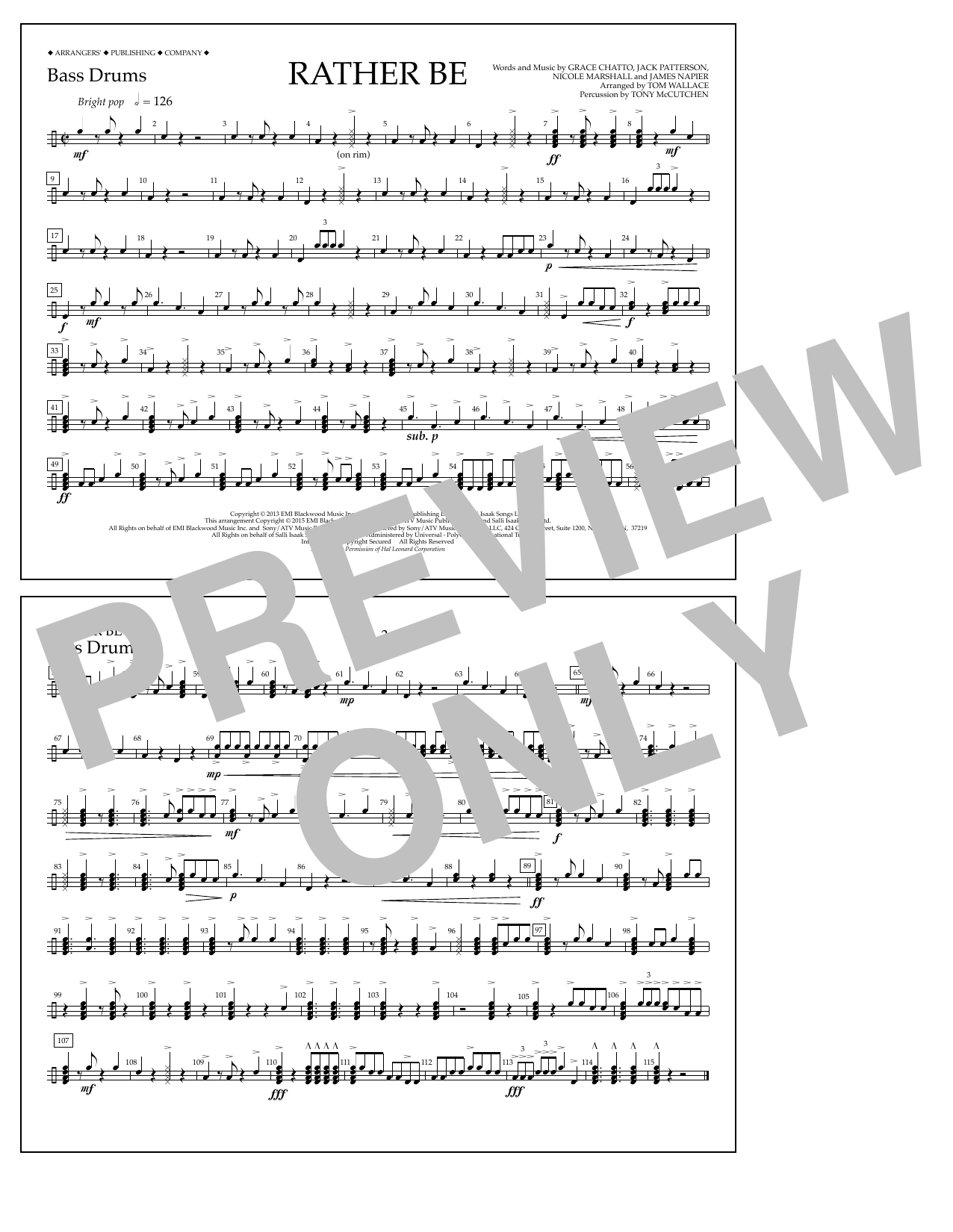 Tom Wallace Rather Be - Bass Drums sheet music notes and chords arranged for Marching Band