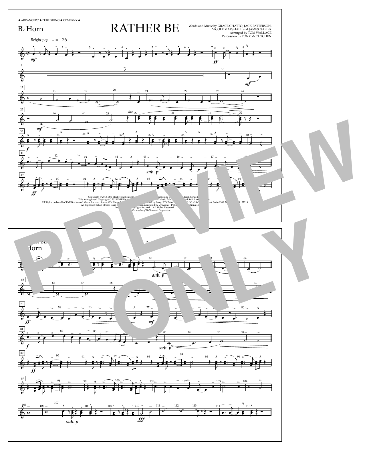 Tom Wallace Rather Be - Bb Horn sheet music notes and chords arranged for Marching Band