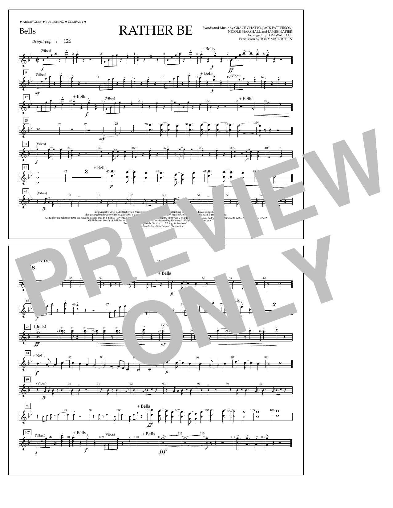 Tom Wallace Rather Be - Bells sheet music notes and chords arranged for Marching Band