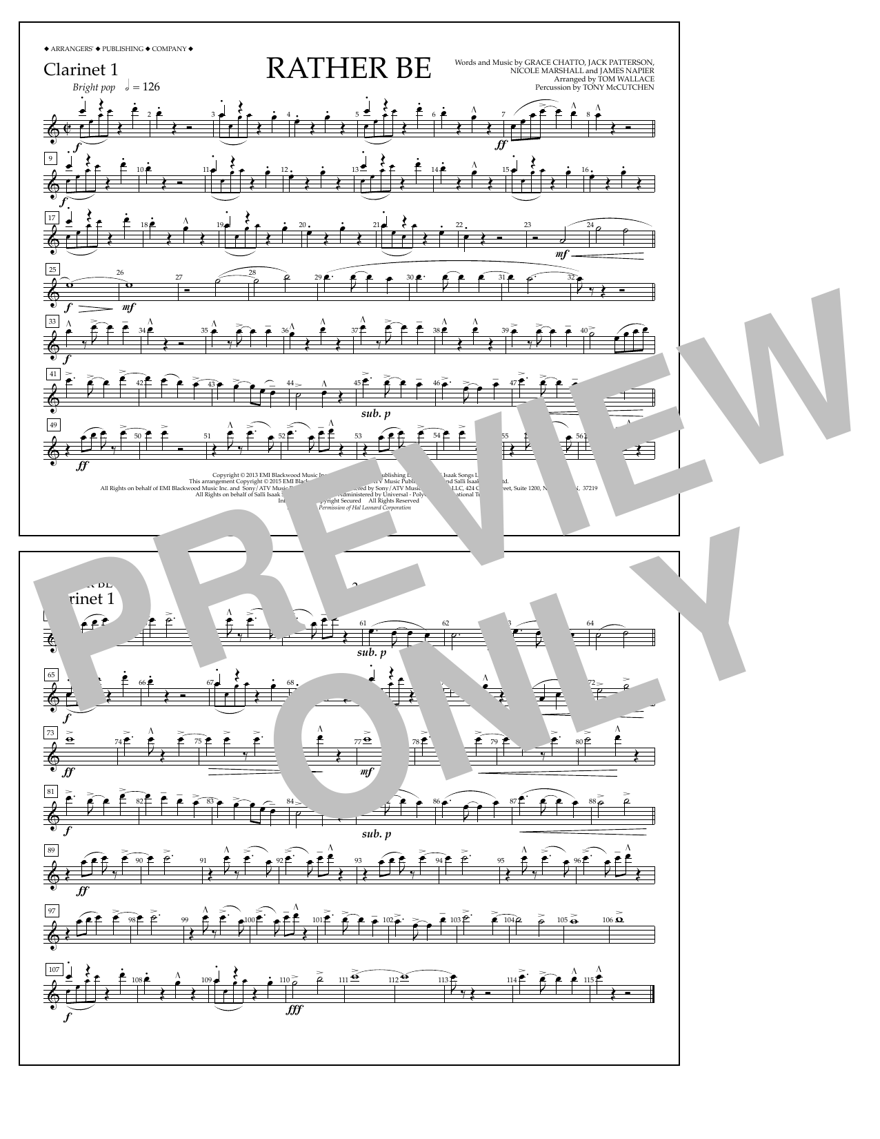 Tom Wallace Rather Be - Clarinet 1 sheet music notes and chords arranged for Marching Band