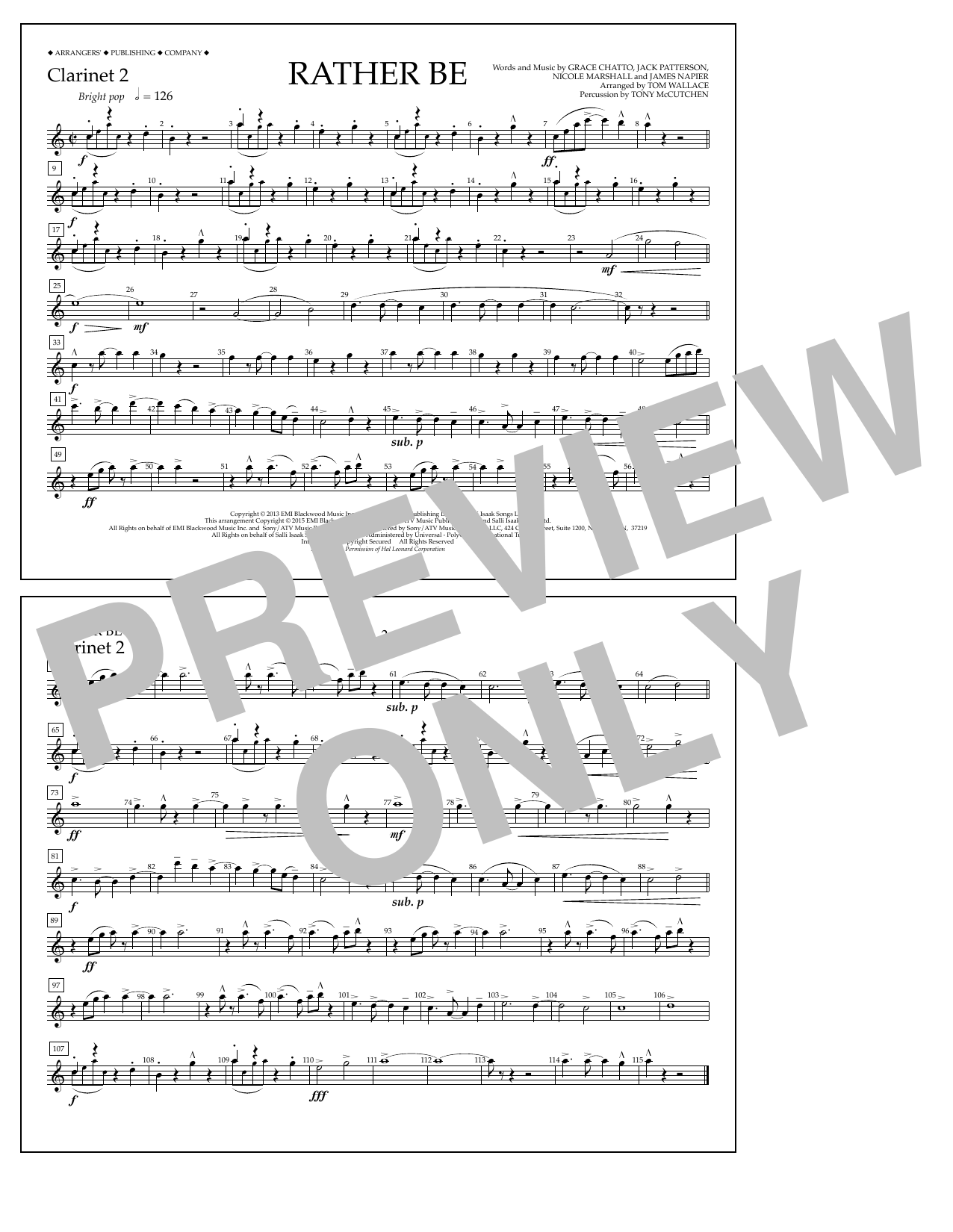 Tom Wallace Rather Be - Clarinet 2 sheet music notes and chords arranged for Marching Band