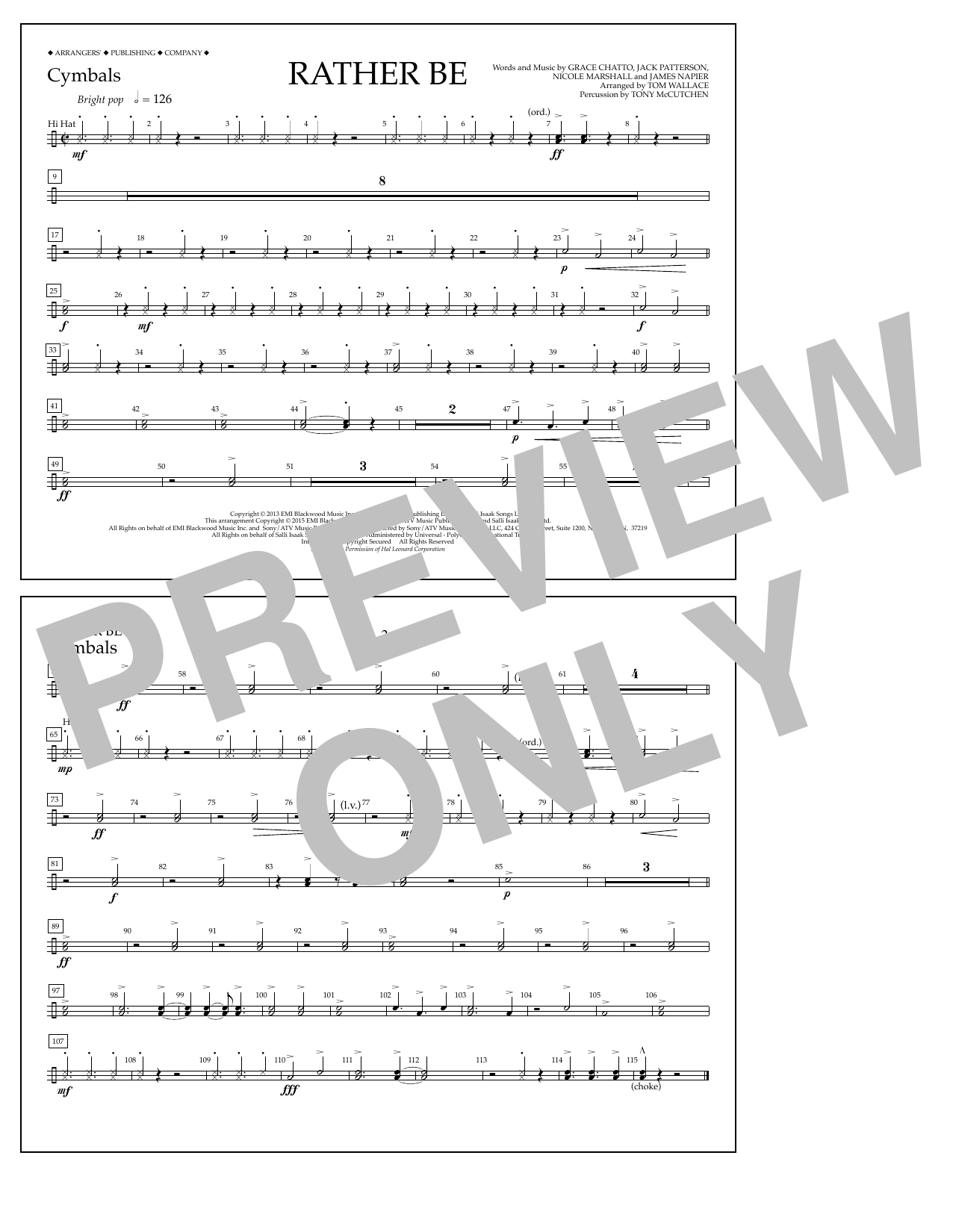 Tom Wallace Rather Be - Cymbals sheet music notes and chords arranged for Marching Band