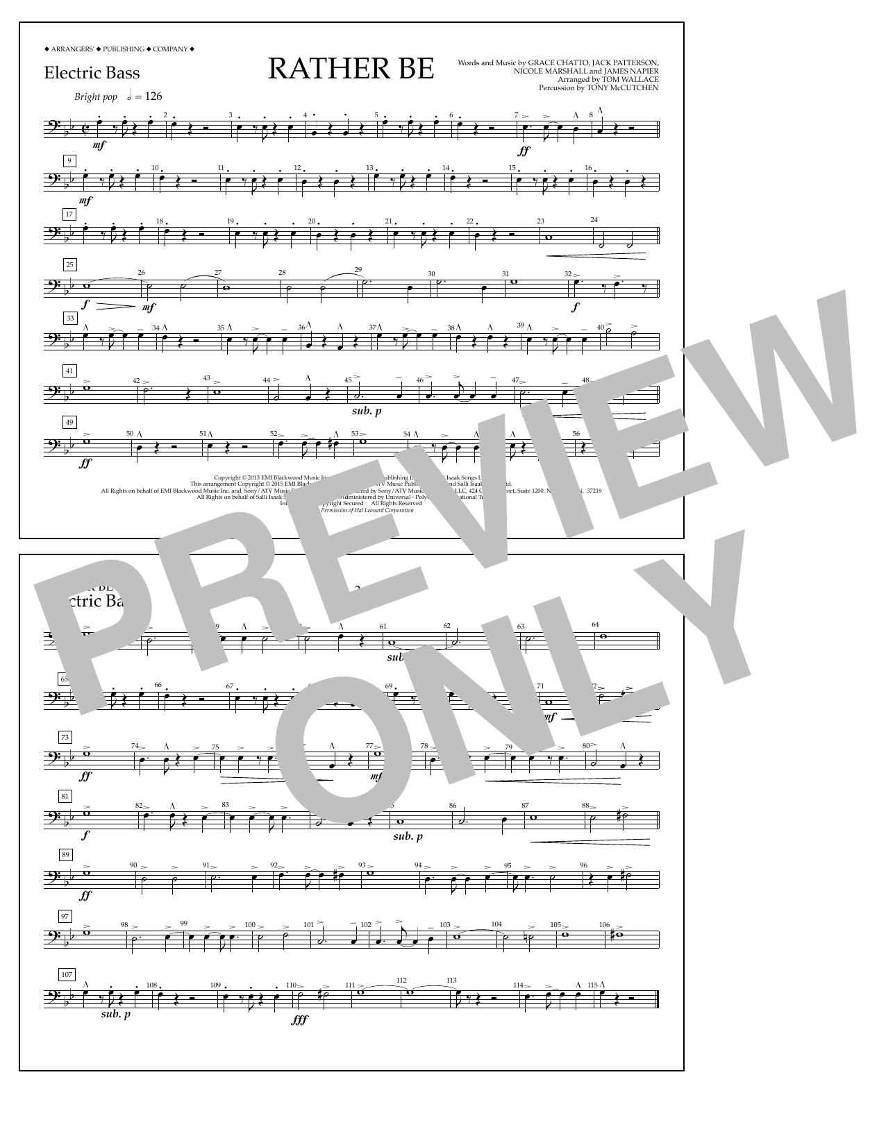 Tom Wallace Rather Be - Electric Bass sheet music notes and chords arranged for Marching Band