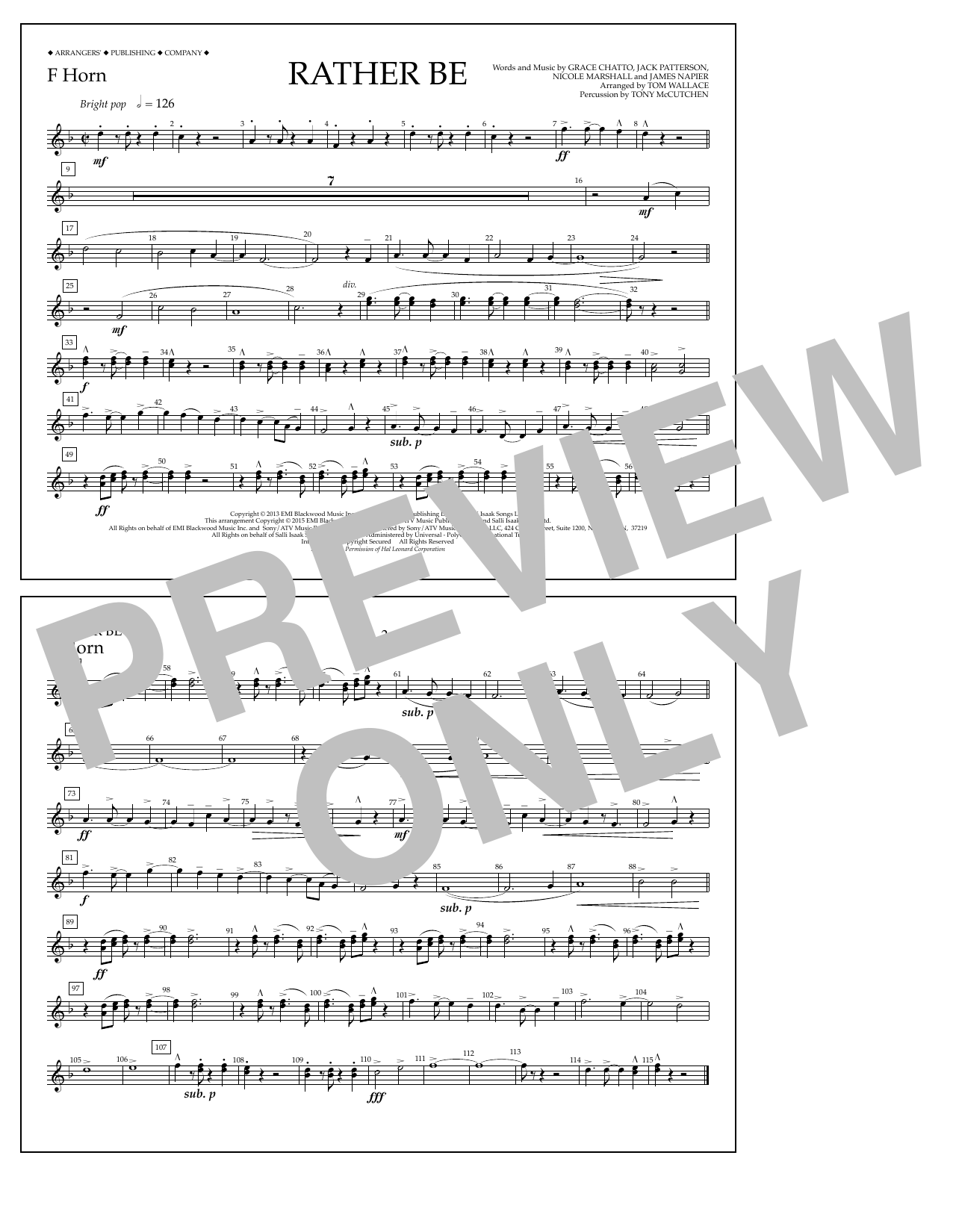 Tom Wallace Rather Be - F Horn sheet music notes and chords arranged for Marching Band