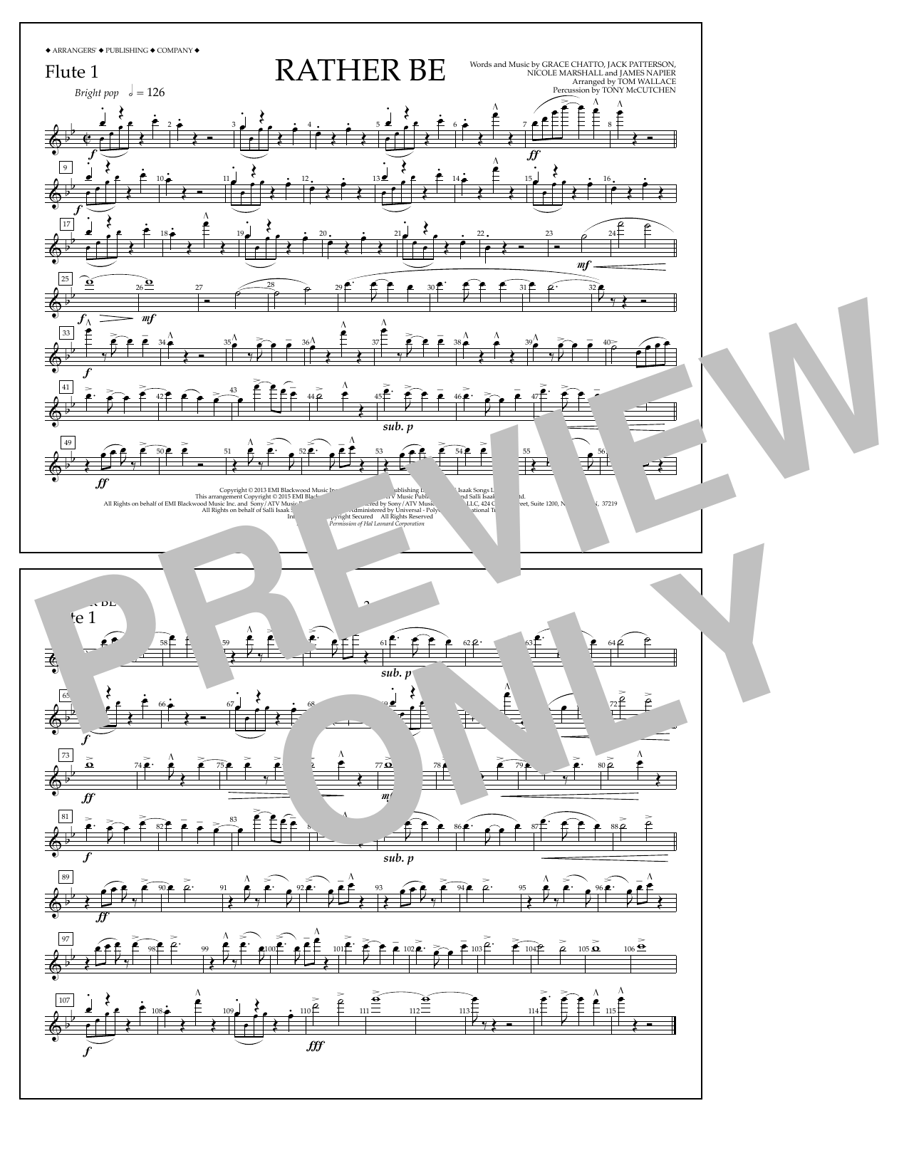 Tom Wallace Rather Be - Flute 1 sheet music notes and chords arranged for Marching Band