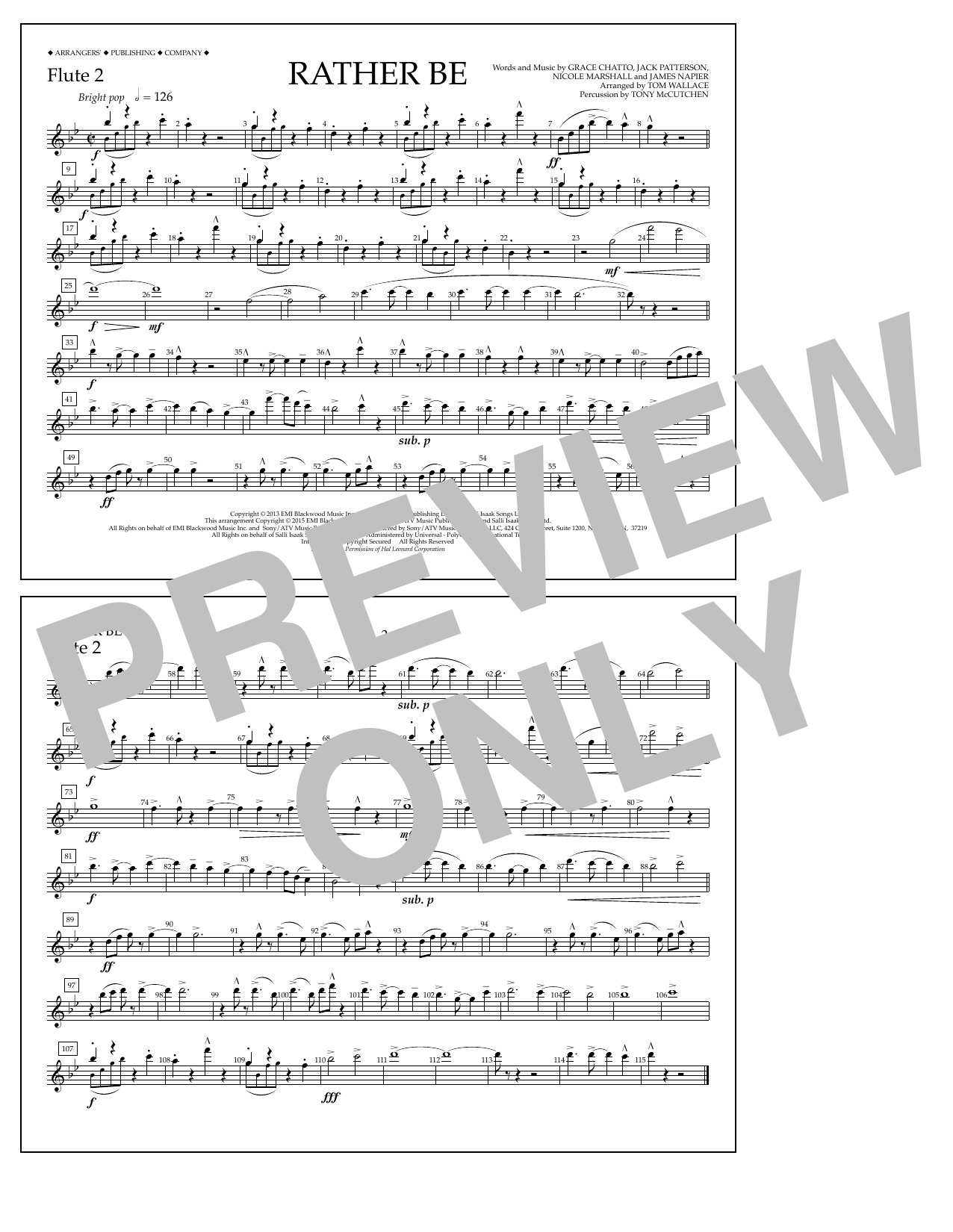 Tom Wallace Rather Be - Flute 2 sheet music notes and chords arranged for Marching Band
