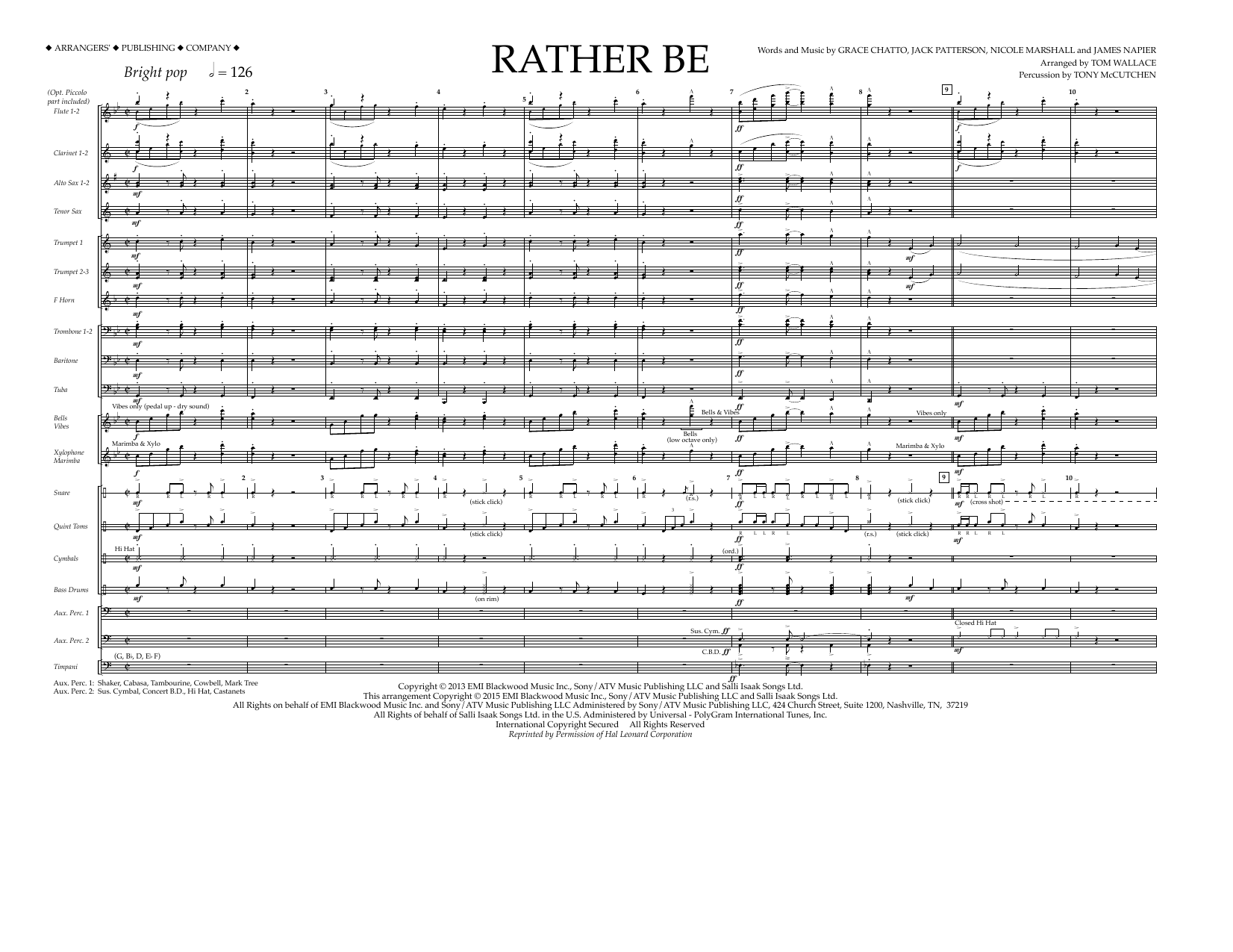 Tom Wallace Rather Be - Full Score sheet music notes and chords arranged for Marching Band