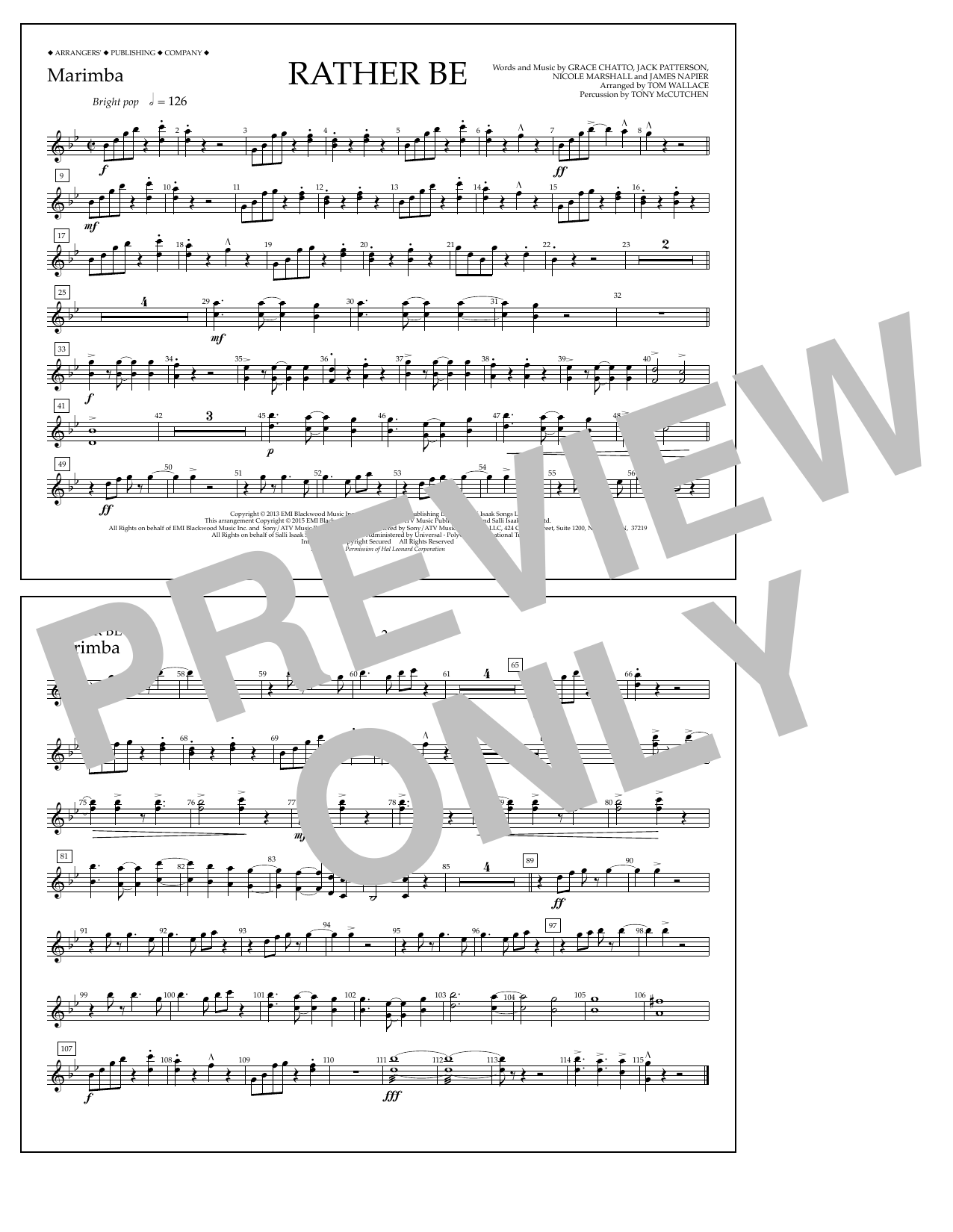 Tom Wallace Rather Be - Marimba sheet music notes and chords arranged for Marching Band