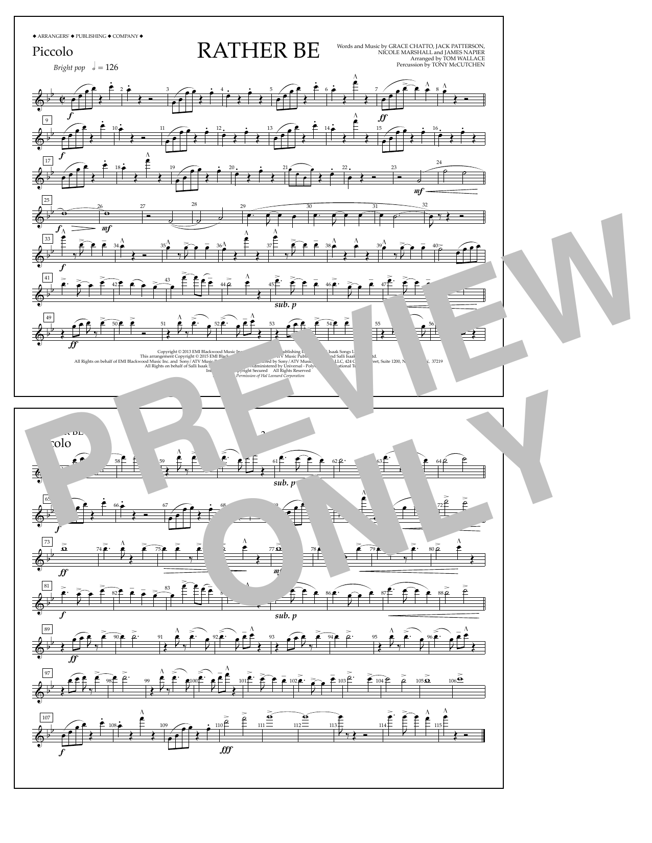 Tom Wallace Rather Be - Piccolo sheet music notes and chords arranged for Marching Band