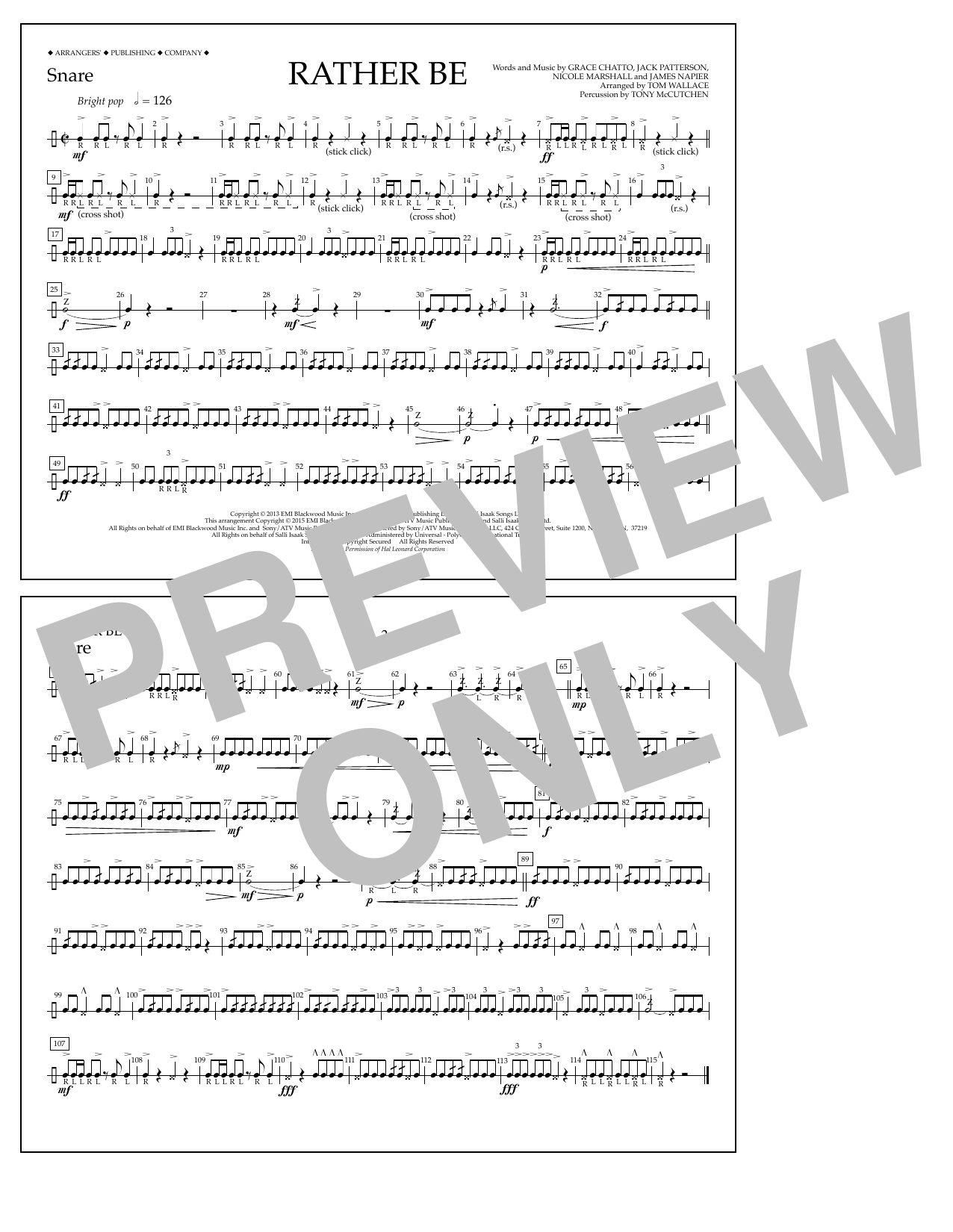 Tom Wallace Rather Be - Snare sheet music notes and chords arranged for Marching Band
