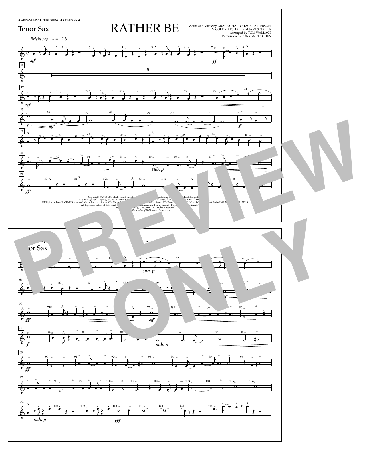 Tom Wallace Rather Be - Tenor Sax sheet music notes and chords arranged for Marching Band