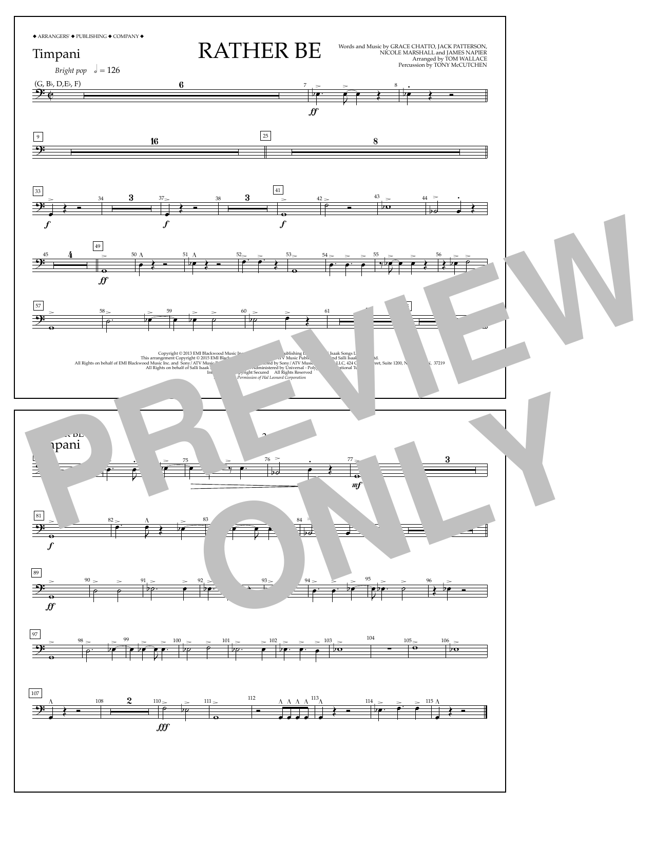 Tom Wallace Rather Be - Timpani sheet music notes and chords arranged for Marching Band